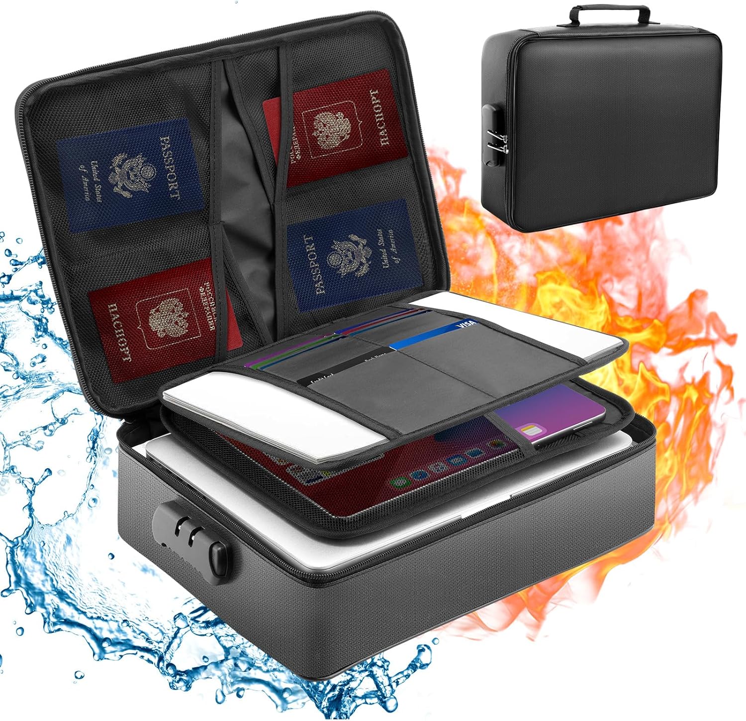 Fireproof Waterproof Document Bag with Lock - Mondoshop Portable Waterproof Document Organizer for Important File - Fire Proof Travel Storage Case with Zipper for Laptop, Passport, Certificates, Cards