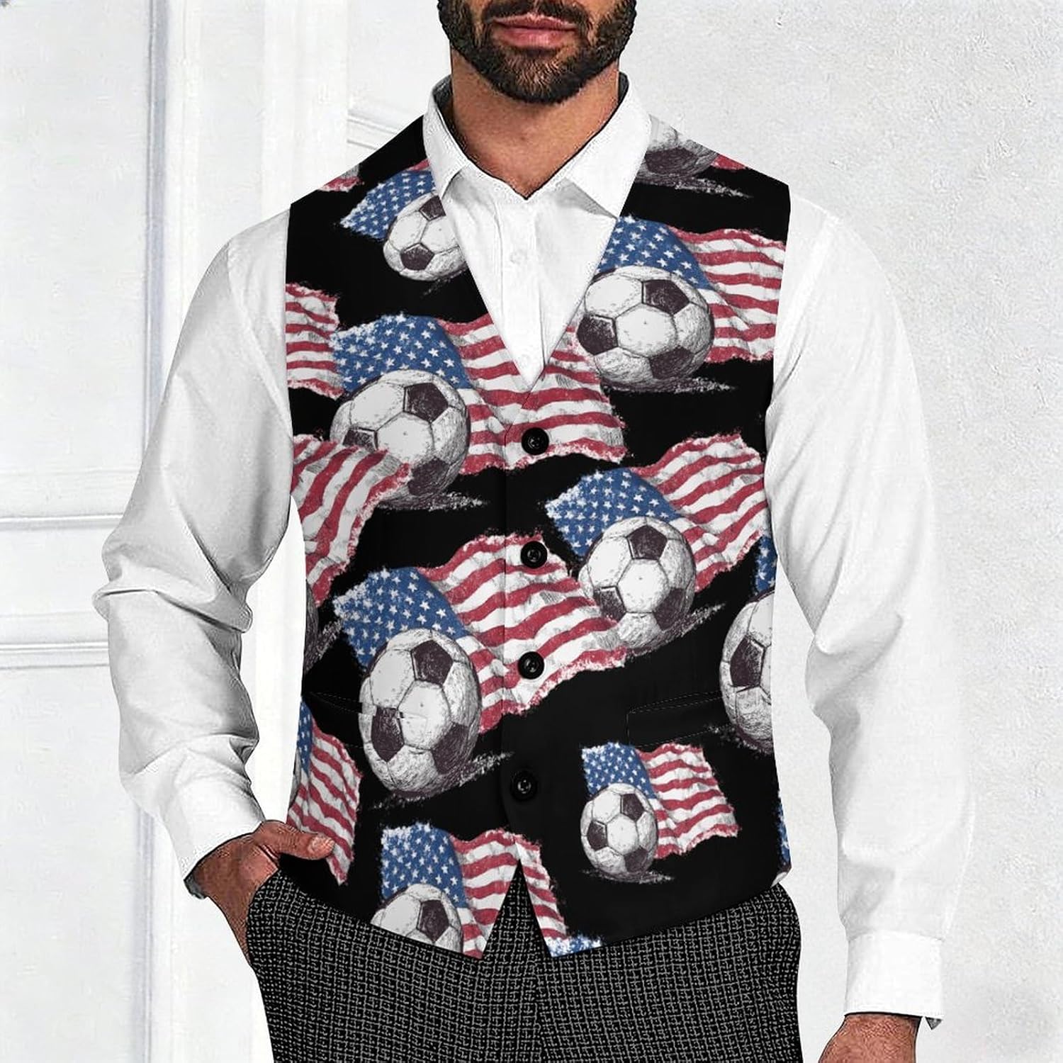 U.S.A Flag Soccer Football Men's Formal Suit Vest Slim Waistcoat for Business Tuxedo Dress