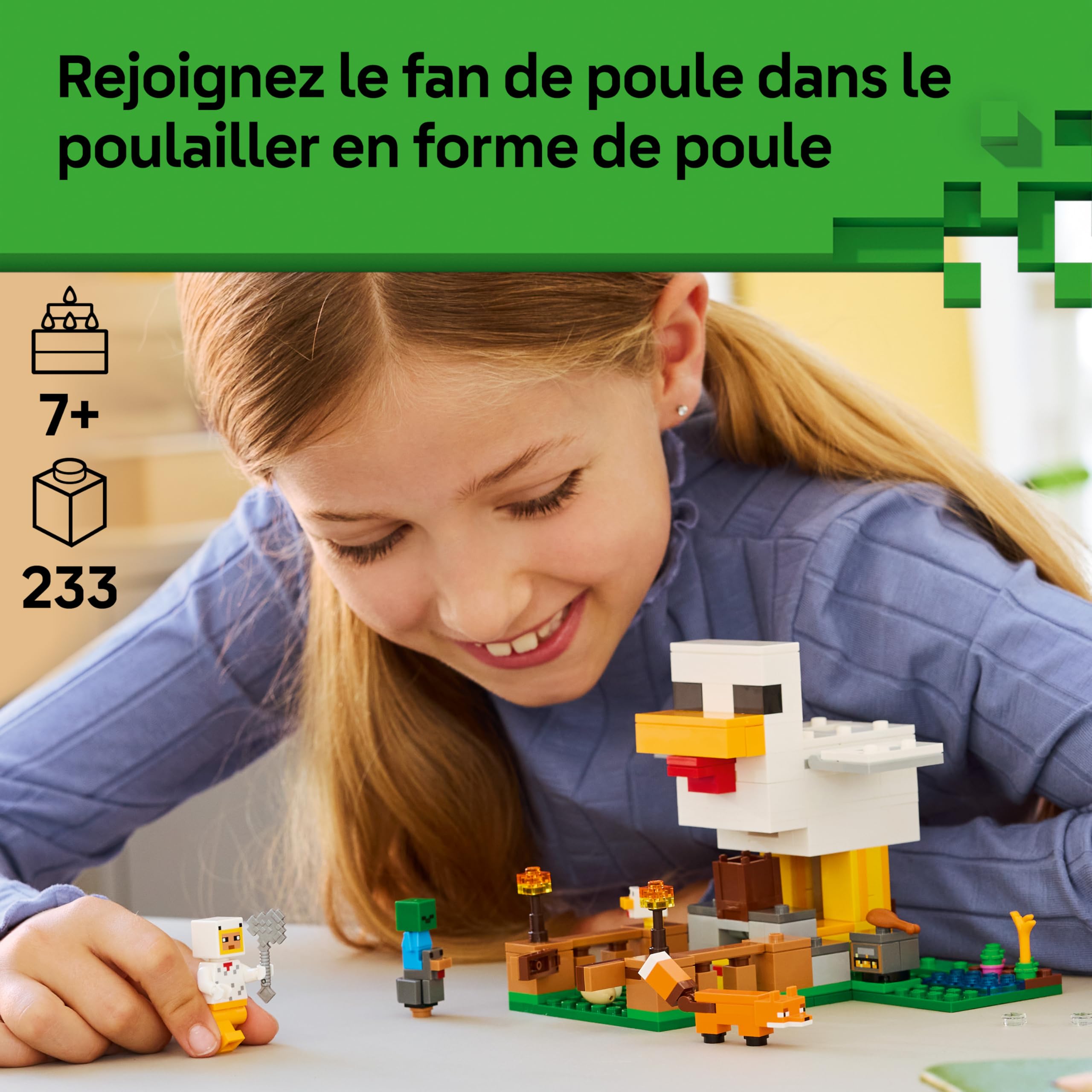 LEGO Minecraft La Ferme à Poulet - Jouet de Construction avec Minifigurine de Fan de Poule, Figurines Mobs de Bébé Zombie & Renard - Cadeau Gaming pour Fille ou Garçon dès 7 Ans 21585