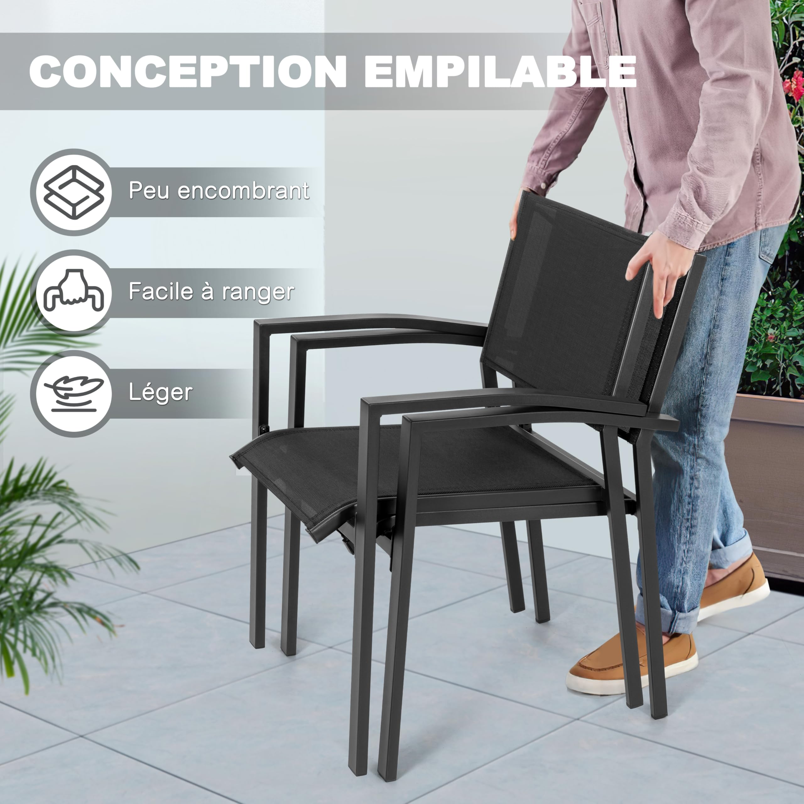 Avestar Ensemble de 2 Chaises de Jardin Extérieur en Textilène Respirant, Fauteuil, Chaises de Table de Jardin, Chaise Empilable pour Toutes Les Conditions Météorologiques, Noir