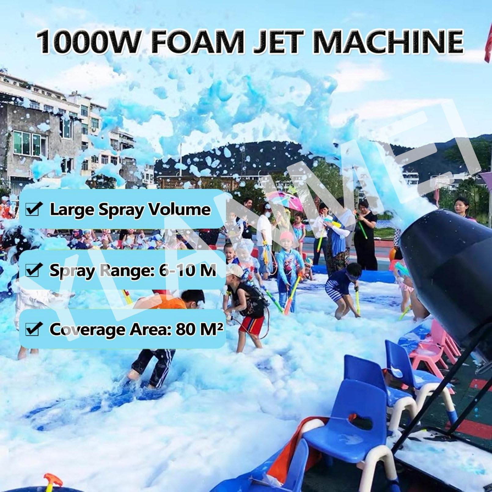 Pistolet pianowy o dużej mocy 1000 W, wydajność produkcji piany 20 m³/min, zasięg 6-10 m, pistolet do baniek mydlanych na letnie imprezy przy basenie, imprezy dla dzieci, efekty sceniczne