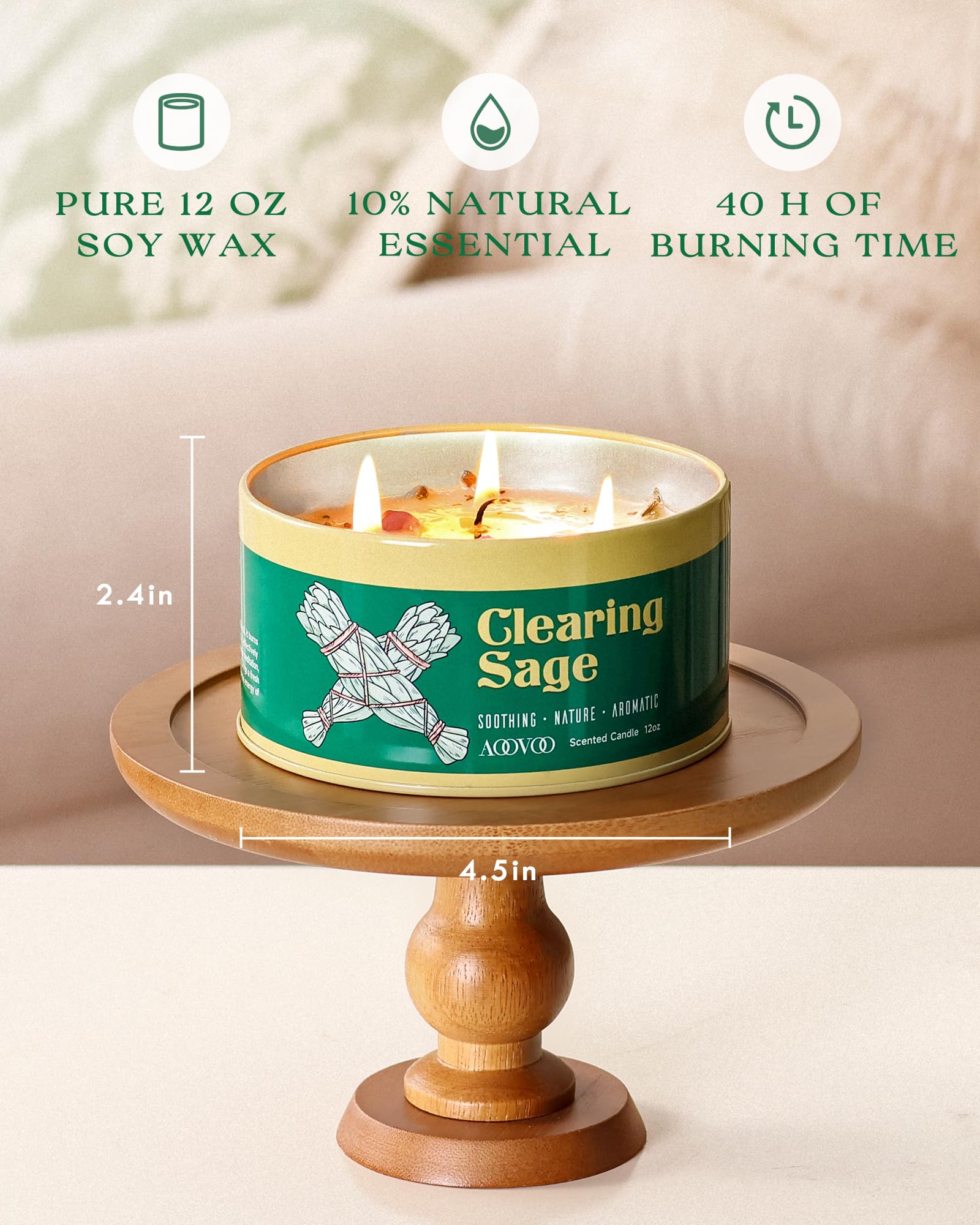 AOOVOO Sage Candle for Cleansing, 3 Wick 12oz Large Scented Candle with Crystals & Sage Leaves Inside, Soy Candles Non Toxic for Meditation Spiritual Gift, Aromatherapy Candle for Women Men