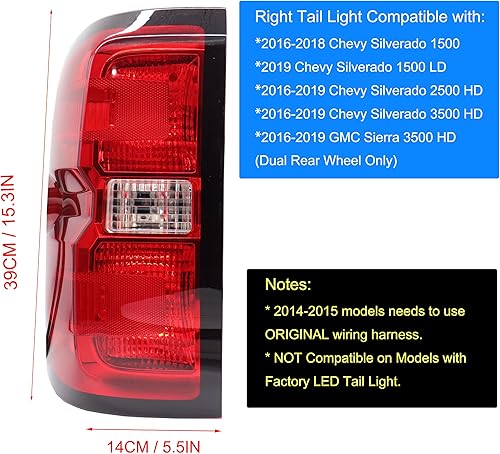 Miniatura 10 de MOCW Luz trasera estilo fábrica compatible con Chevrolet Silverado 1500 2500 HD 3500HD, GMC Sierra 3500 HD 2016-2018, bombillas de freno y arnés