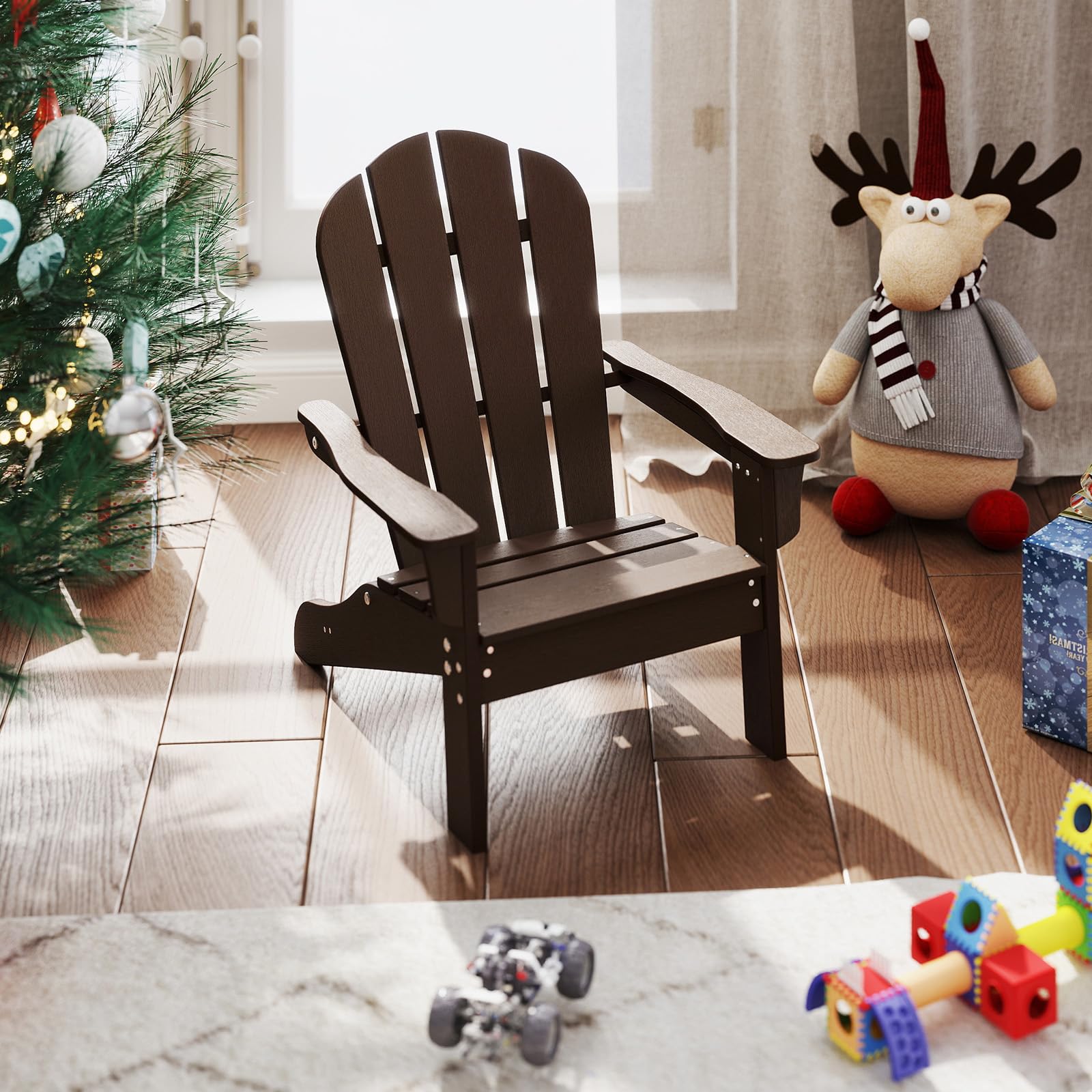 GOPLUS Chaise Adirondack Exterieur pour Enfants, Fauteuil de Jardin en HDPE Résistante aux Intempéries avec Large Siège, Dossier & Accoudoirs, Angle à 105°, Enfant pour 3-8 Ans,Charge 75KG (Marron)