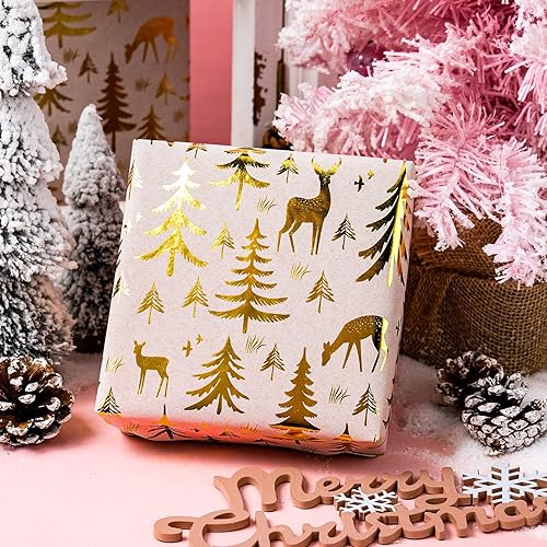 Miniatura 84 de Yarcony Papel kraft de regalo de Navidad, papel de regalo negro, árboles de Navidad de lujo, renos, copos de nieve, papel de estraza resistente