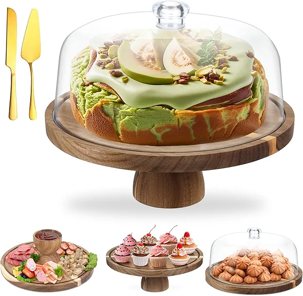 ASTROLIN Acacia Wood Cake Stand with Lid, 12'' Round Cake Holder with Clear Acrylic Cover, 2 in 1 Dessert Table Display Set & Charcuterie Board, Kitchen Decor for Birthday or Wedding