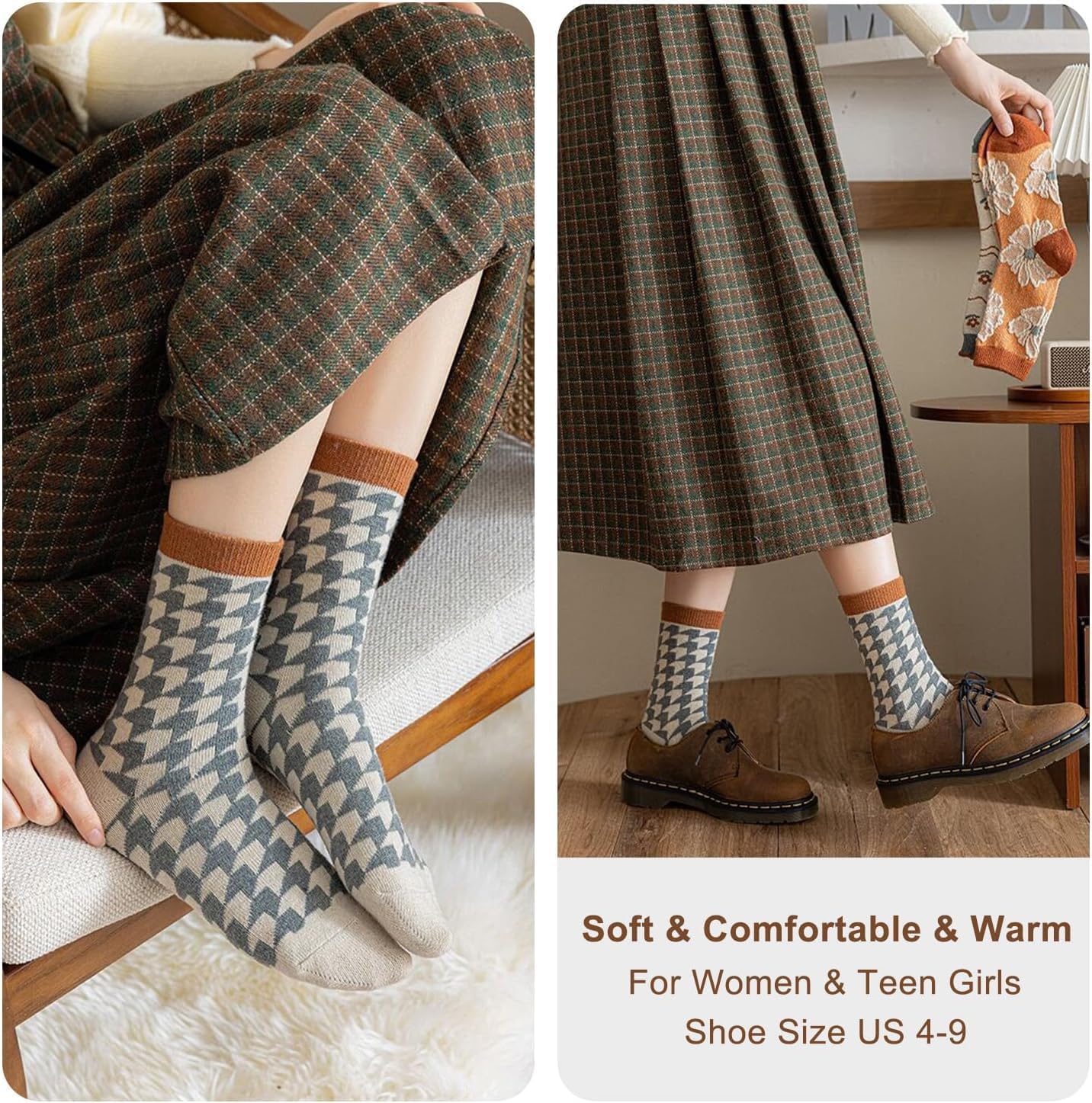 MarJunSep Wool Fall Boot Socks Women Teen Girls Thick Knit Vintage Cute Floral Cottage Core Boho Winter Warm Crew Socks - Image 2