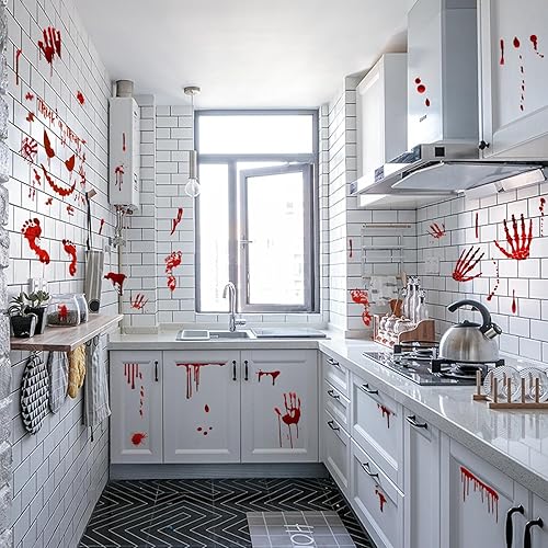 Miniatura 6 de Decoraciones de Halloween aterradoras calcomanías de huellas de manos sangrientas, calcomanías para ventana, baño, baño, baño, decoración de fiesta