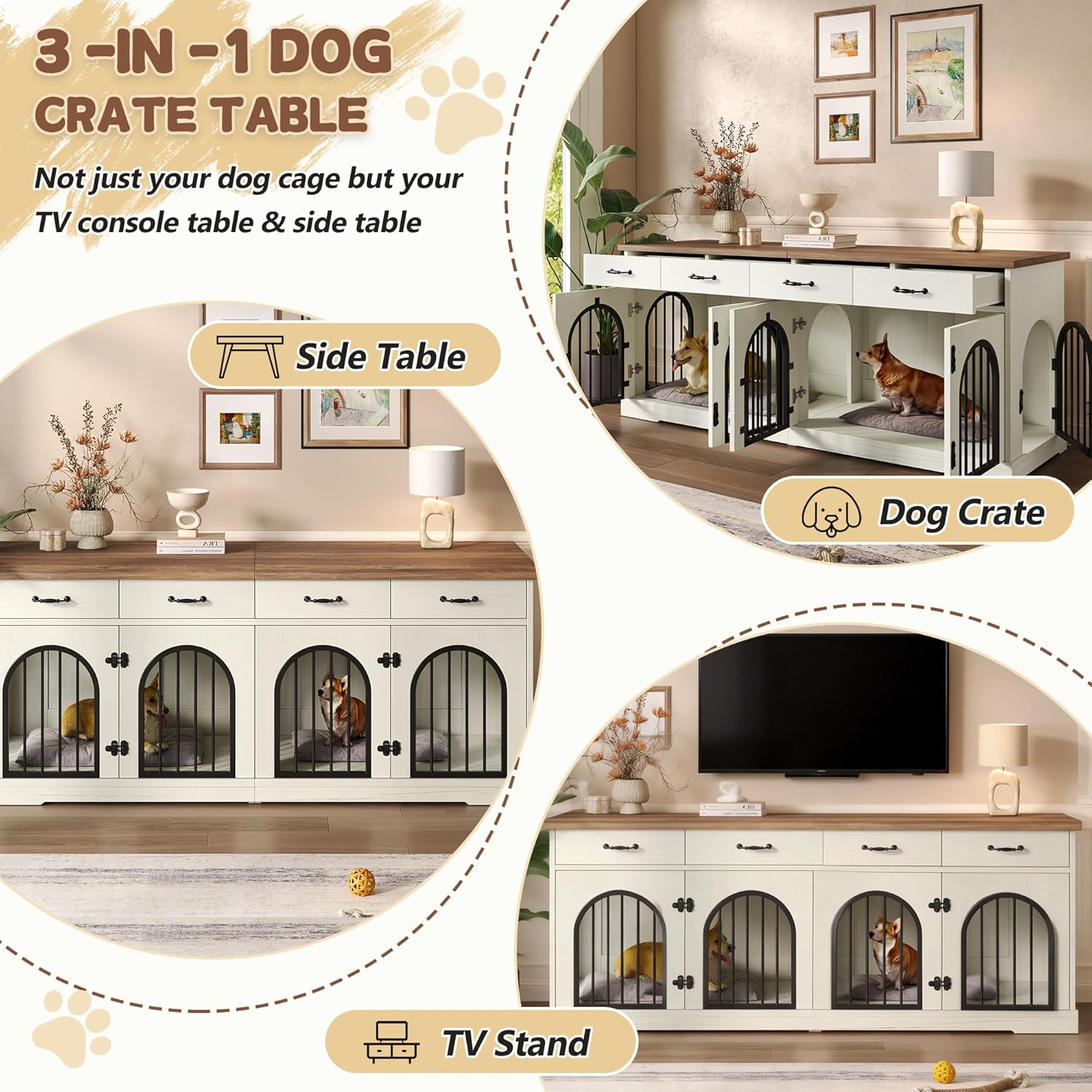 70.8" Large Double Dog Crate Furniture for Small/Medium Dogs, Wood Dog Crate End Table TV Stand with Removable Divider Door and 4 Storage Drawers, Decorative Pet Cage Dogs Kennel Furniture, White