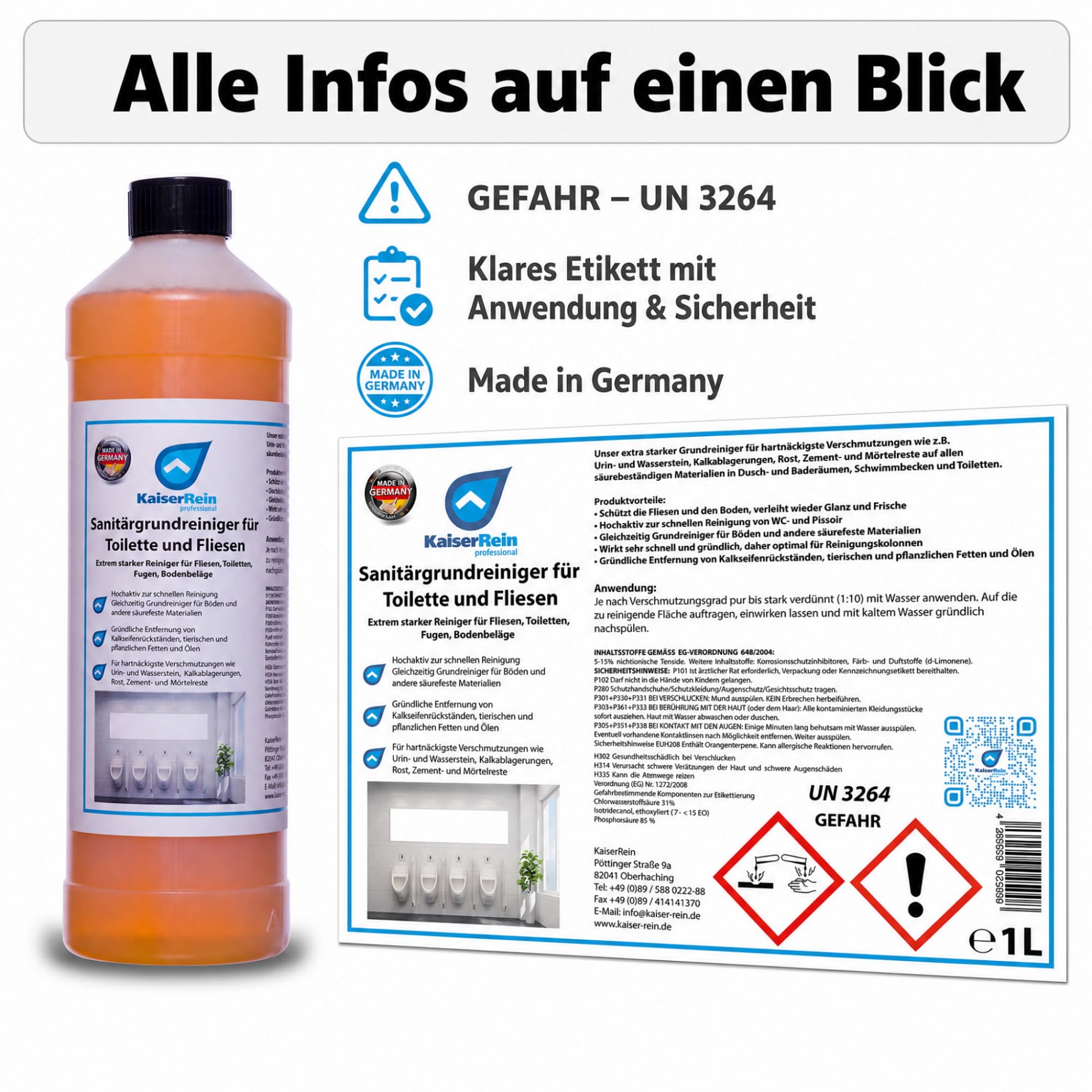 KaiserRein Urinsteinentferner Extra Stark, Sanitärgrundreiniger für Toilette und Fliesen, Toilettenreiniger extrem stark Profi-Sanitärreiniger gegen Kalk & Rost, 3 x 1 L, Made in Germany