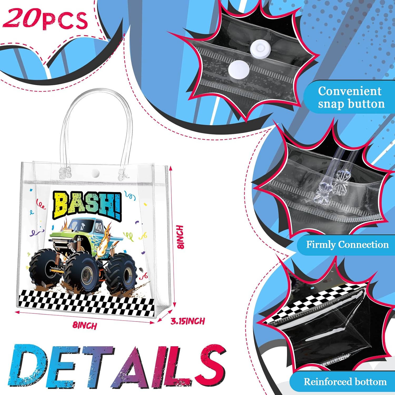 Aliceset 20 Pcs Truck Party Clear Favor Bags with Handles Monster Racing Car Party Treat Bags Truck Race Themed Decorations for Birthday Baby Shower Goodie Supplies, 8x8x3.15 inch - Image 2