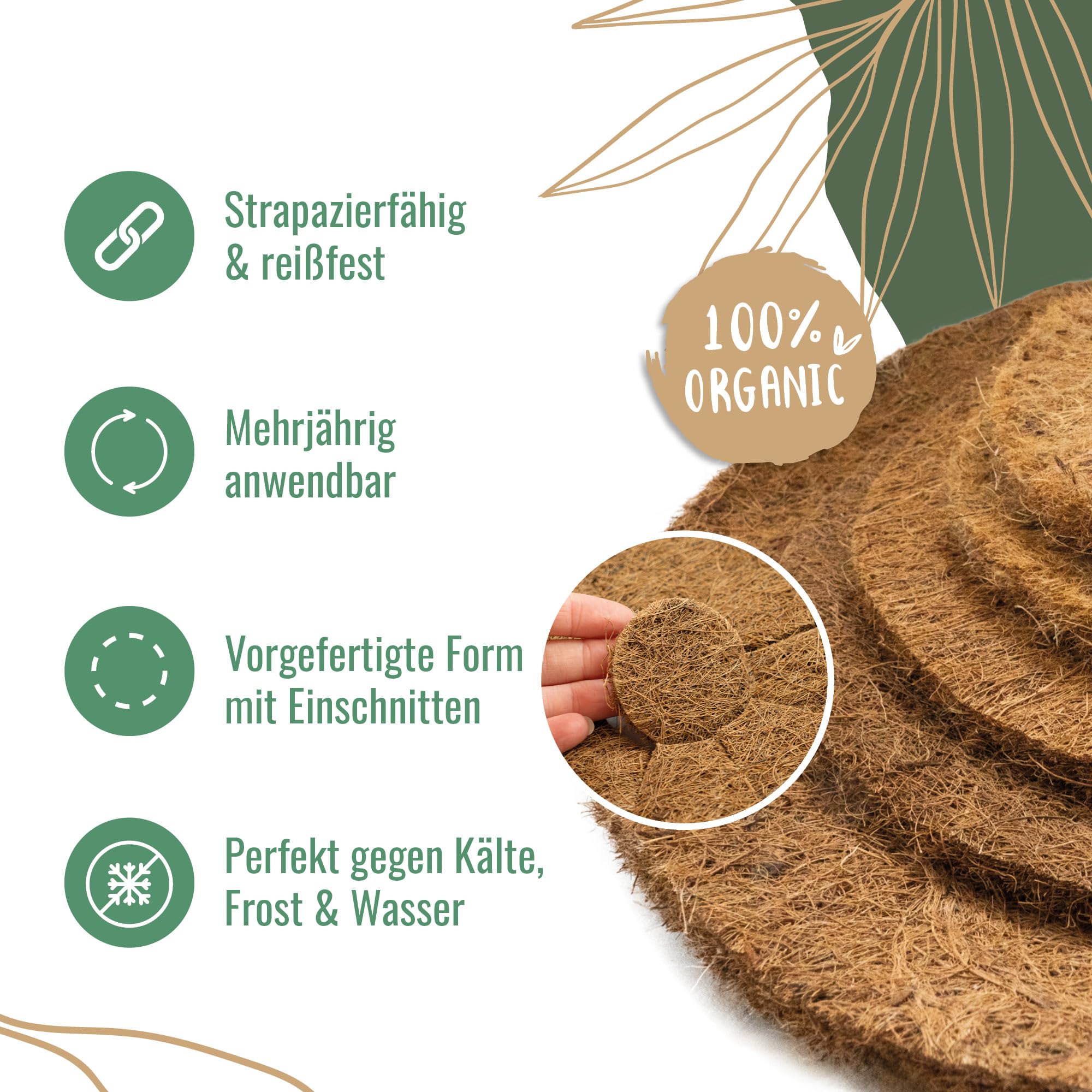 ProFlora® Kokos Mulchscheibe Winterschutz - Biologisch abbaubare Kokosscheibe als Winterschutzmatte für Pflanzen (100 cm, 5 Stück)