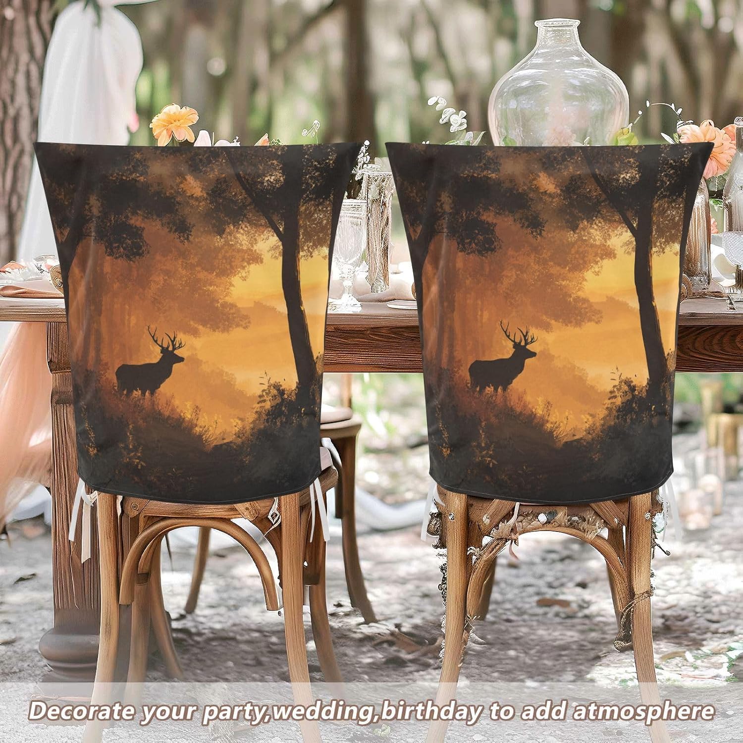 ALAZA Deer in Forest Sunset Chair Back Cover Set of 6, Washable Reusable Removable Chair Slipcovers Decorative Chair Cover for Home Kitchen Wedding Party