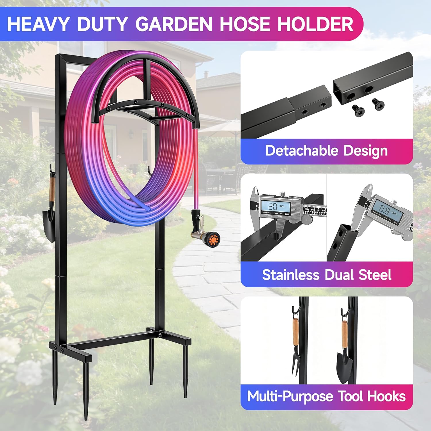 Garden Hose Holder with Stable Base and Tool Hooks, Heavy-Duty Freestanding Water Hose Holder Holds 160 Ft Hose, Detachable Rustproof Garden Hose Storage Hanger Rack for Outside, Yard, Lawn