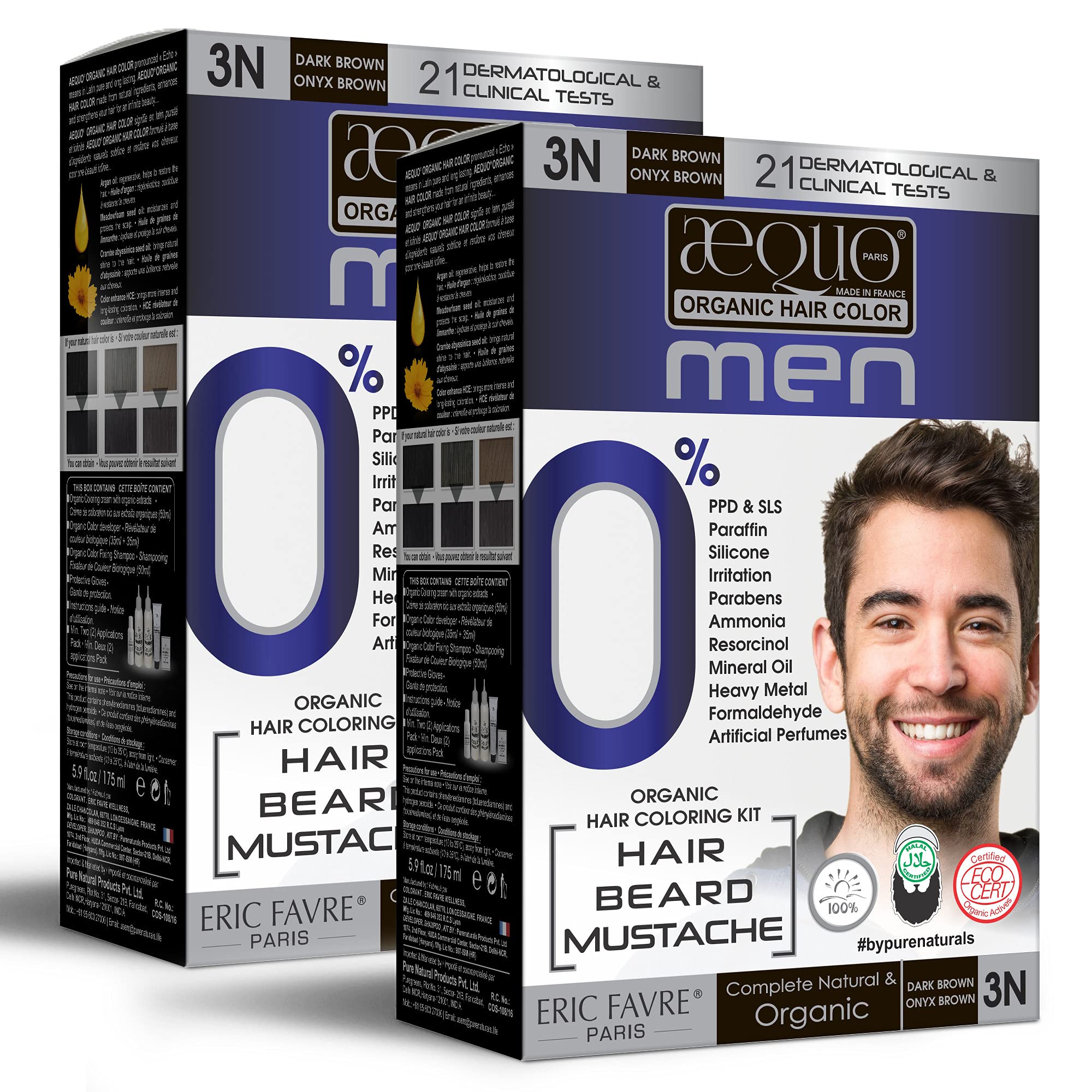 byPurenaturals Aequo Organic Cream Hair Color for Men 3N Dark Brown 170ml - Pack of 2 | Permanent, PPD & Ammonia Free Organic Hair Color