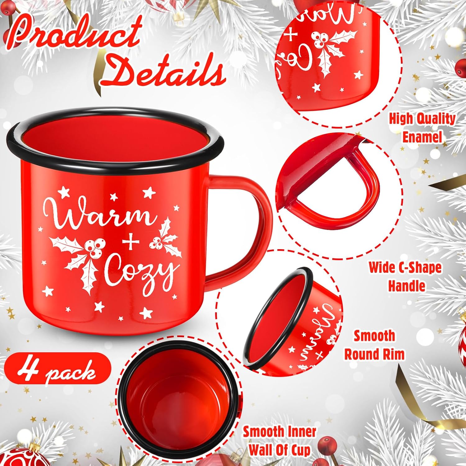 Yaomiao 4 Pack Christmas Gifts Enamel Mugs Warm and Cozy Enamel Tea Cups Merry and Bright Coffee Mugs Seasonal Holiday Cup for Women Coworkers, 12 Ounce Vintage Camping Cups(Bright Style)