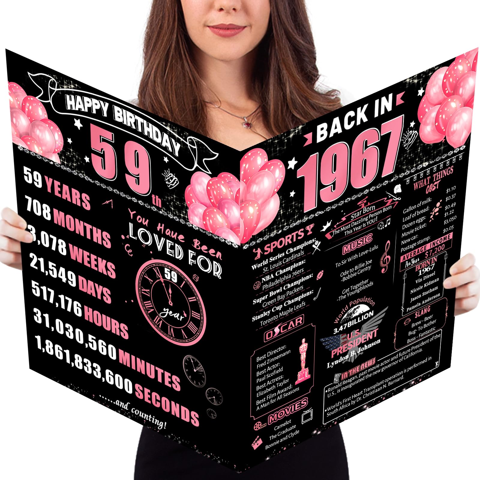 FOBELEC 59th Jumbo Birthday Card with Envelope, Black Pink Retro Birthday Decorations for Women and Men, 59 Year Old Funny Birthday Gifts for Mother and Dad, Back in 1967 — image 1