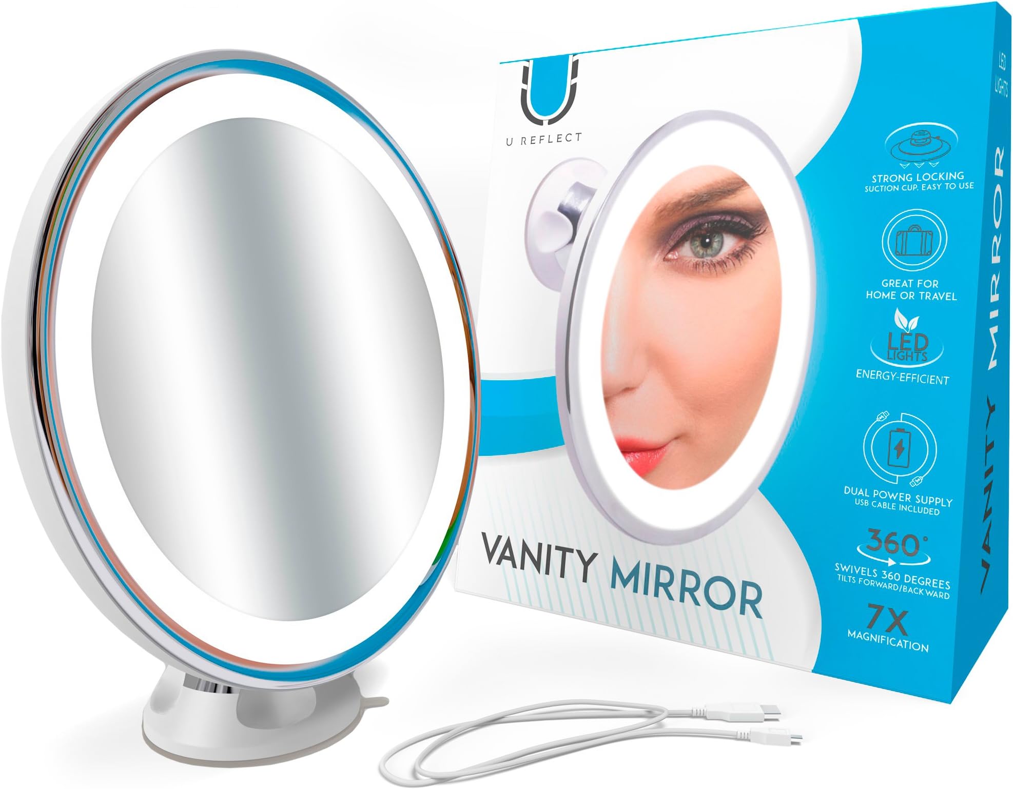 U Reflect 7X Magnifying Lighted Makeup Mirror, Bathroom Vanity Mirror with LED Lights, Dual Power Supply with USB Cable Included, Great for Travel, Powerful Locking Suction Cup, Over 7 Inches Wide