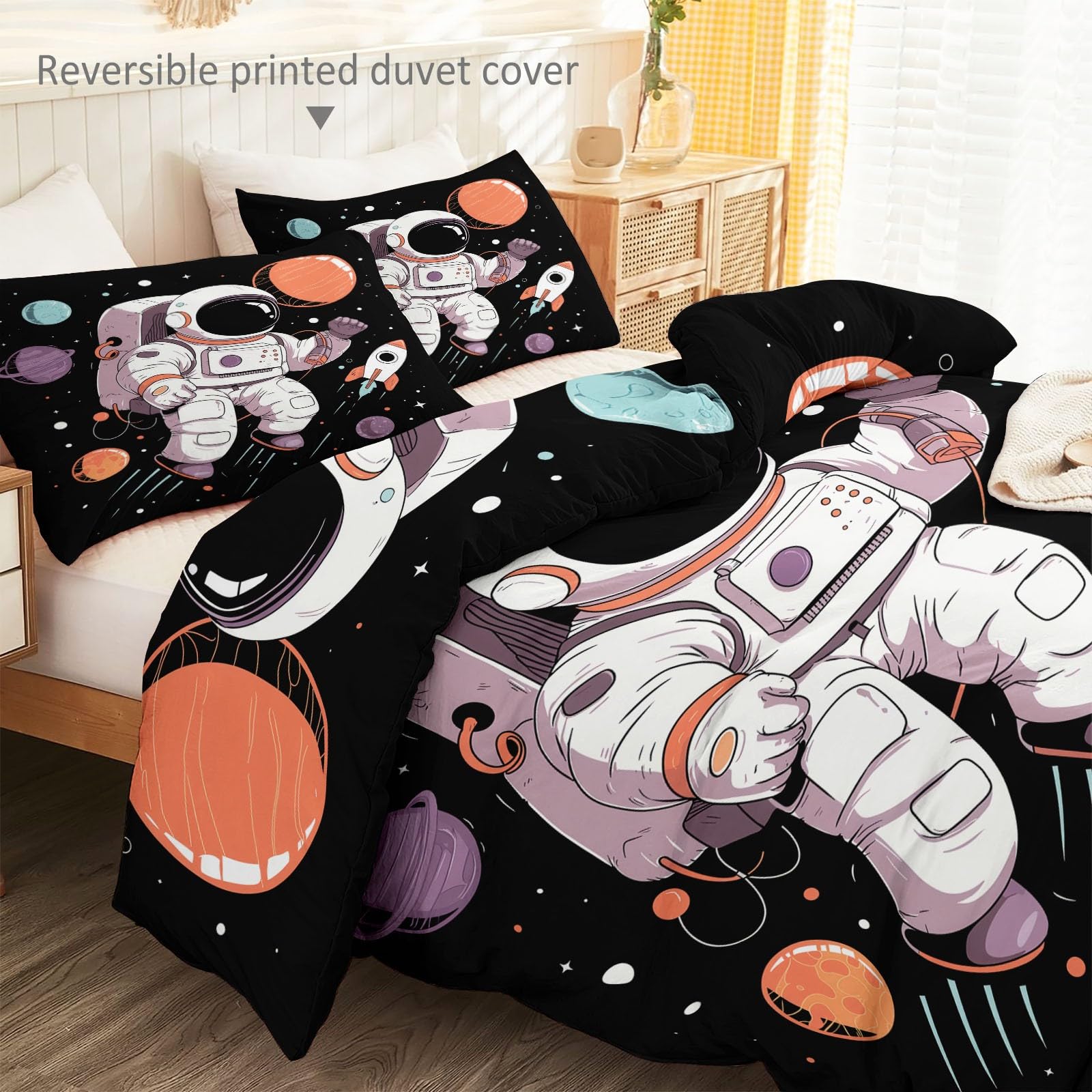 Nowoczesna poszewka na kołdrę z kreskówki, fantazyjna, planeta, rakieta, astronauta, dwustronna, mikrofibra, poszewka na kołdrę, pojedynczy zestaw, przytulna, miękka, hipoalergiczna, nie wymaga