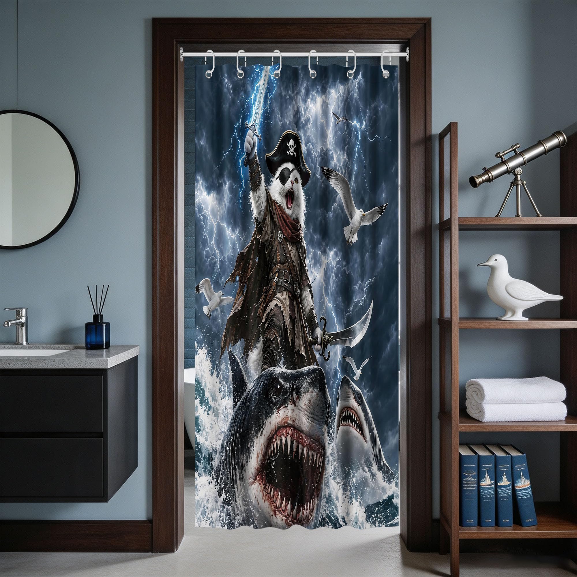 Funny Cat Riding Shark Stall Shower Curtain, 48x72 in Small, Kids