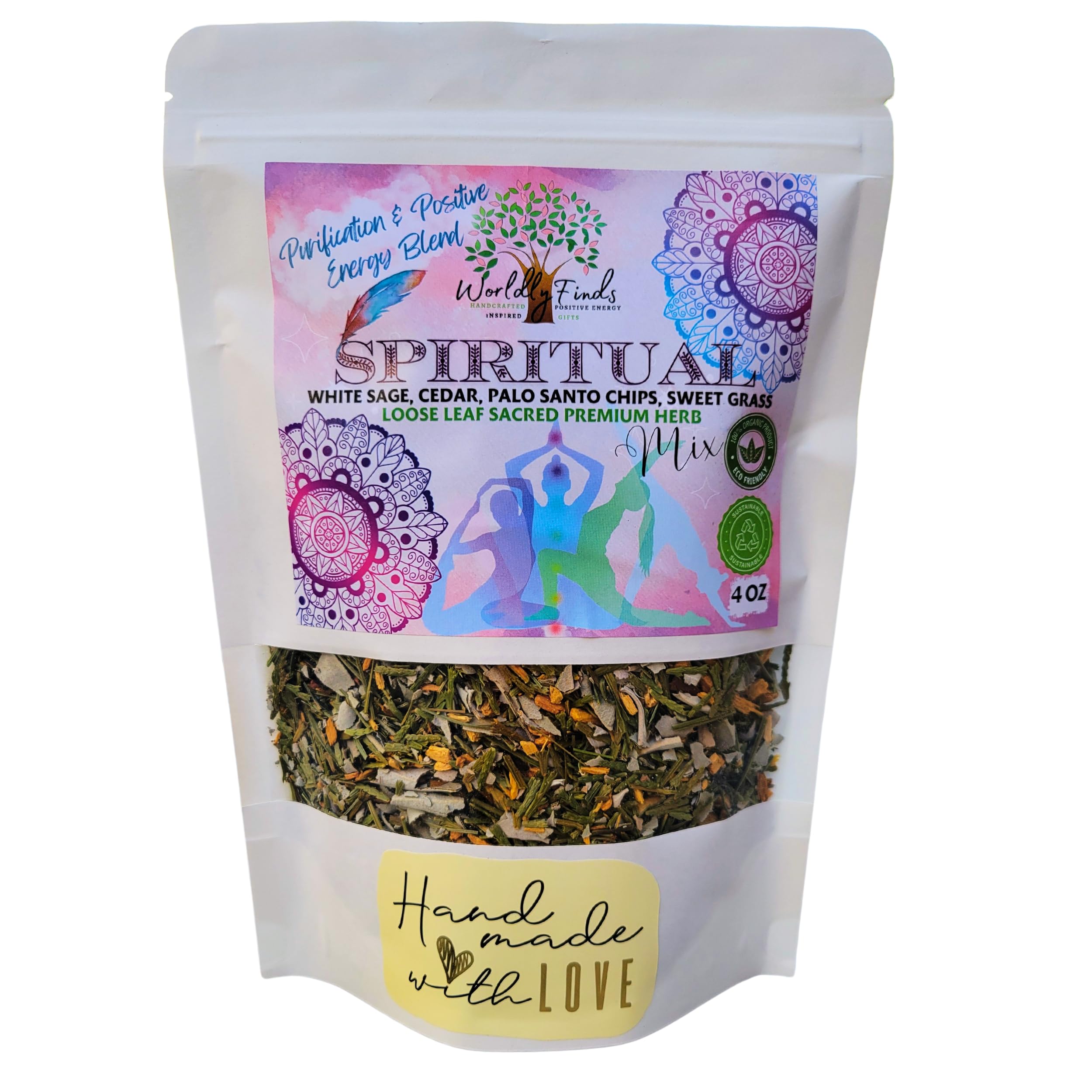 Smudging Herbs Spiritual Energy Cleansing Mix: Hand-Crafted 100% Organic White Sage, Sweet Grass, Palo Santo, Cedar Leaves Blend, Burning Sage Incense Loose, Shaman Tools, Altar Supplies (4 oz)