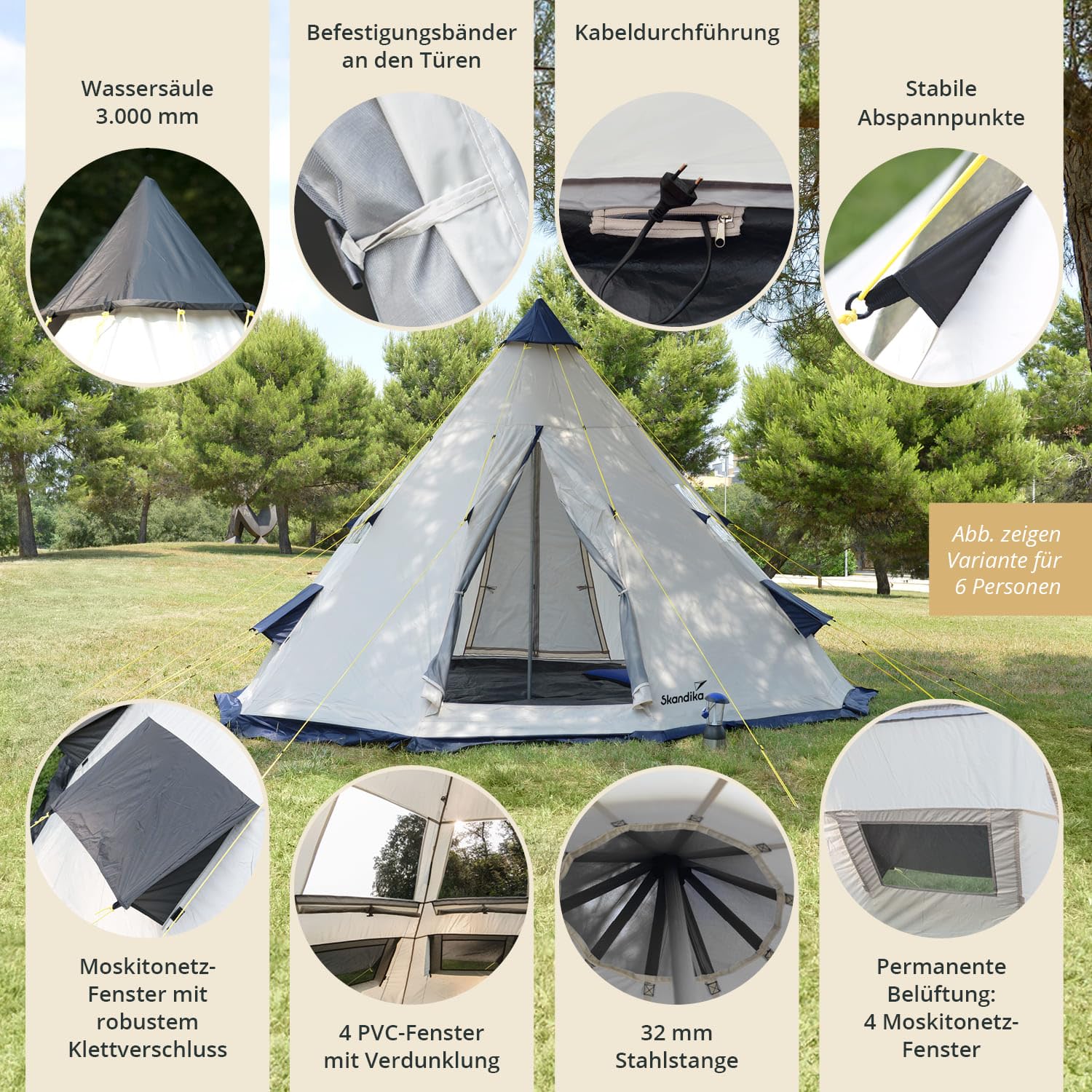 Skandika Tipi 10 Protect Tienda de campaña Tipo Tipi para 10 Personas | Impermeable, Suelo de Tienda Cosido, mosquitera, más de 2,5 m de Altura, 3000 mm de Columna de Agua