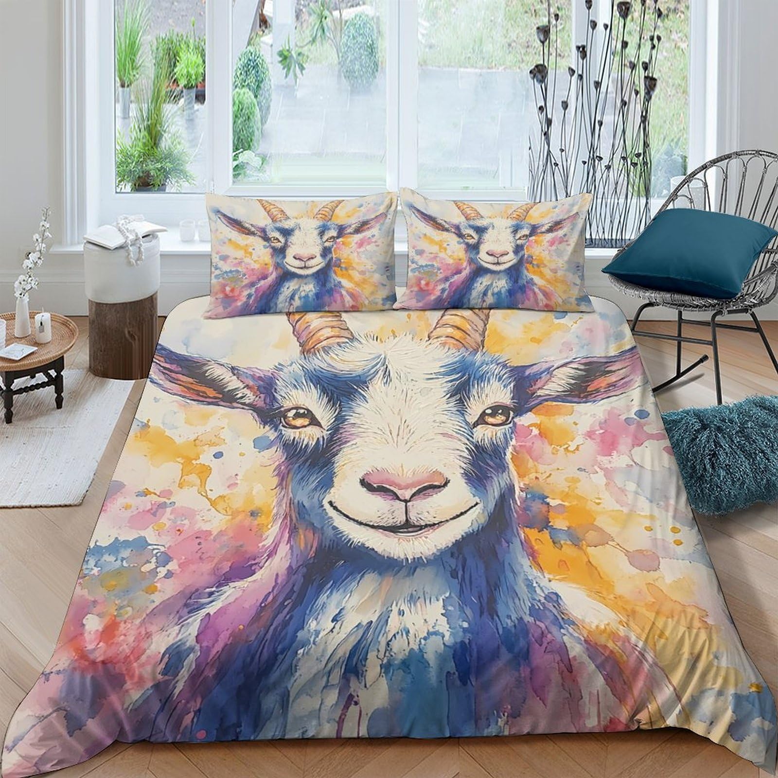 Ctjqhvkz Style-4 3D Printed Goat Art Fitted Sheet Microfiber Soft Colorful Abstract Bed Cover For Bedroom Guest Room Decor Dustproof Washable Single（135X200cm）