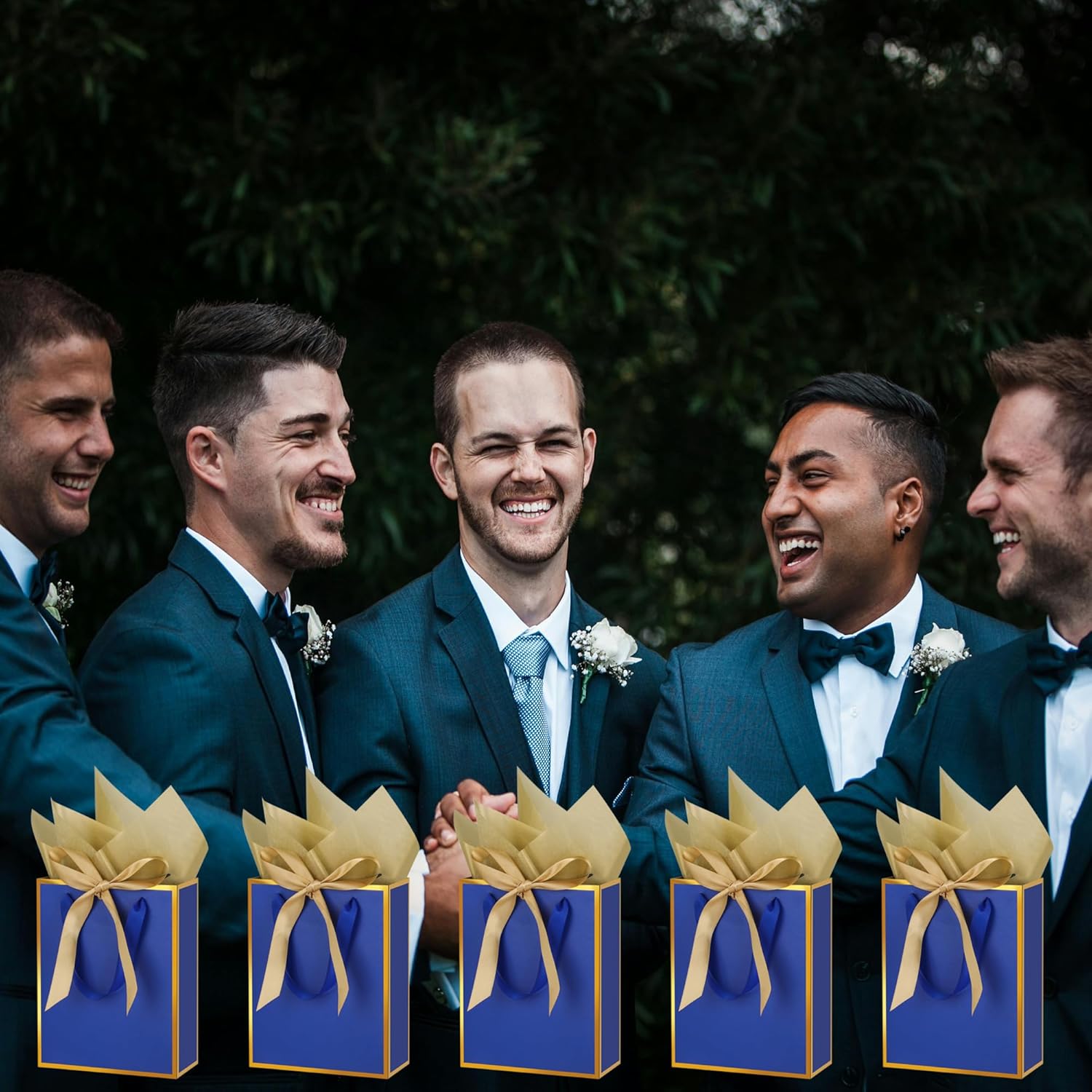 OEMVALATY 6 Pcs Thank You Gift Bags with Handles and Tissue Paper 9 x 7 x 3. 15'' Metallic Welcome Gift Bags with Bow Ribbon for Wedding Bridal Baby Shower Groomsmen Birthday Party(Navy Blue, Gold) - Image 6
