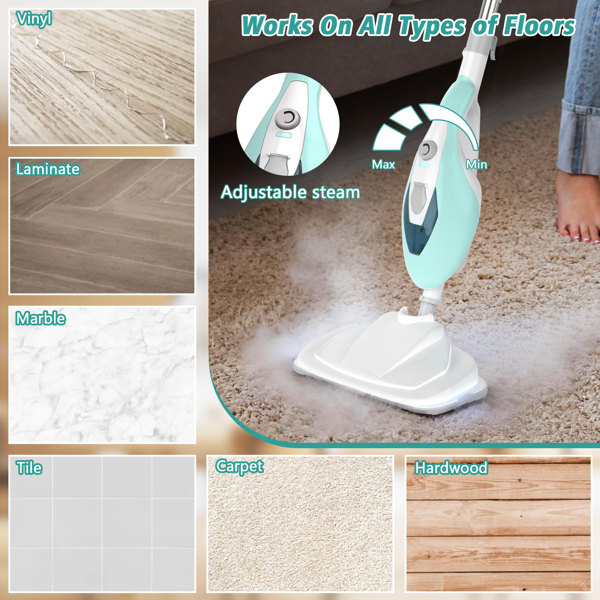 Pulitore a vapore domestico, pulitore a vapore portatile per pavimenti, leggero All-in-1, vaporizzatore rimovibile in piastrelle di legno duro, 2 cuscinetti auricolari lavabili, 1550 W di