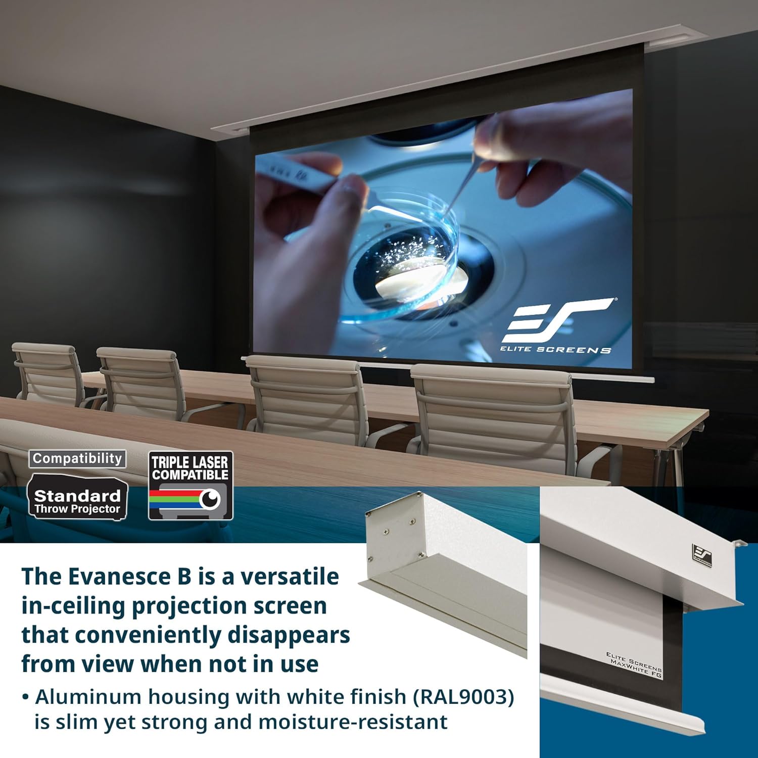 Elite Screens Recessed in-Ceiling Adjustable Vertical Drop Motorized Projector Screen, 110 inch with Extra 12" Drop, 8K/4K Ultra HD Ready Fiberglass Reinforced, EB110HW3-E12