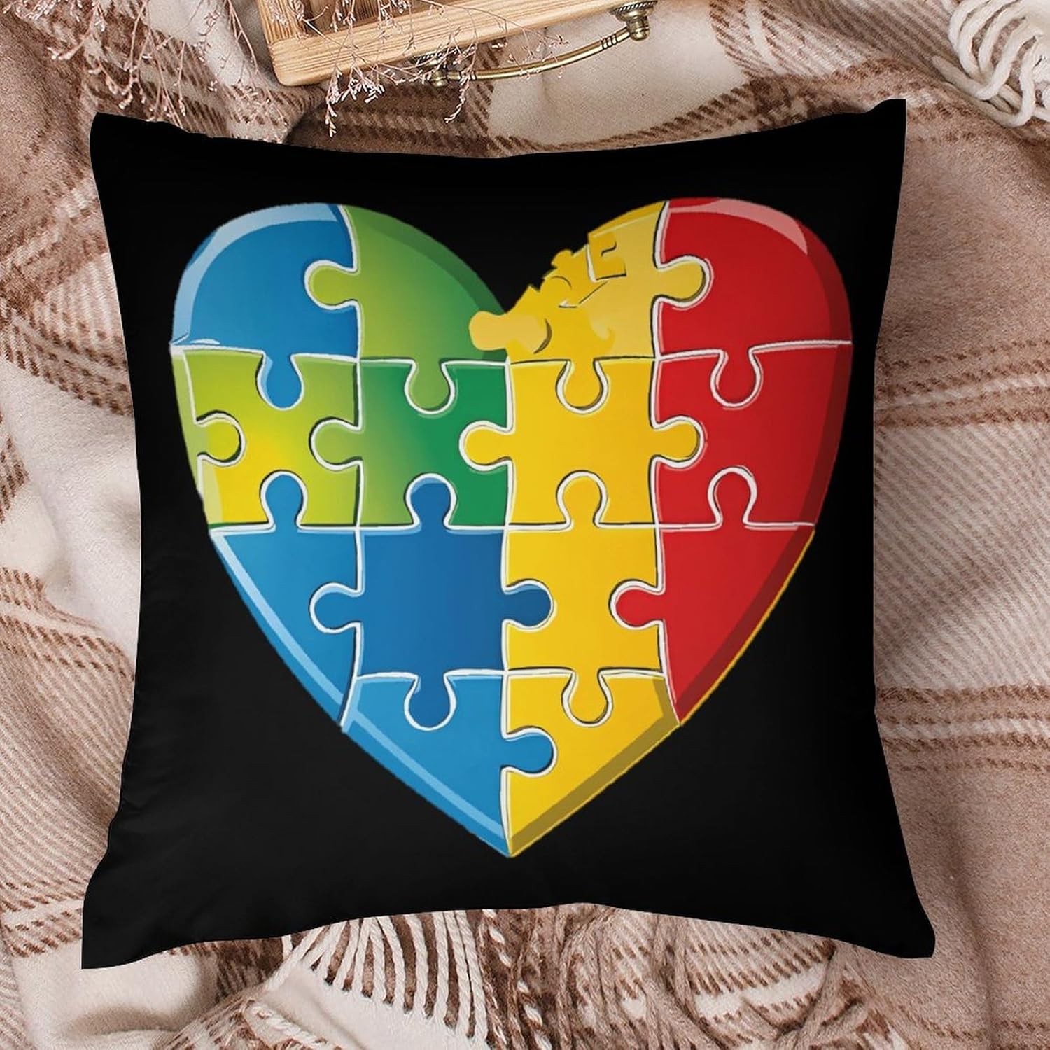 Autism Awareness Puzzle1 Piece Heart Printed Throw Pillow Case 4 Pcs Soft Pillowcases Pillows Covers Sofa Bed Decor 12/14/16/17/18/20/22/24/32 Inches