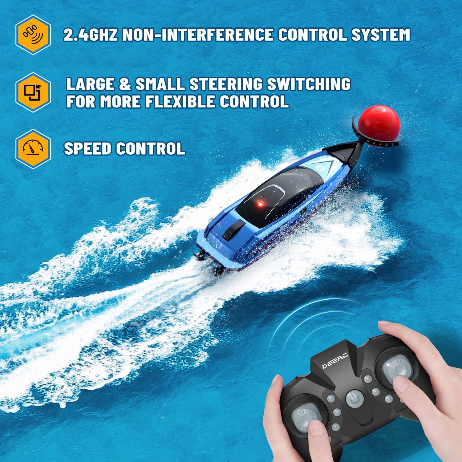 DEERC HC805 Mini RC Boat and its 2.4GHz remote control, demonstrating the non-interference control system, large and small steering switching, and speed control.