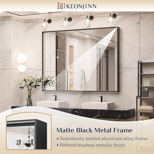 Miniatura 470 de Keonjinn Espejo de baño dorado de 48 x 36 pulgadas, espejo rectangular con marco de metal dorado cepillado, espejo de pared grande rectangular