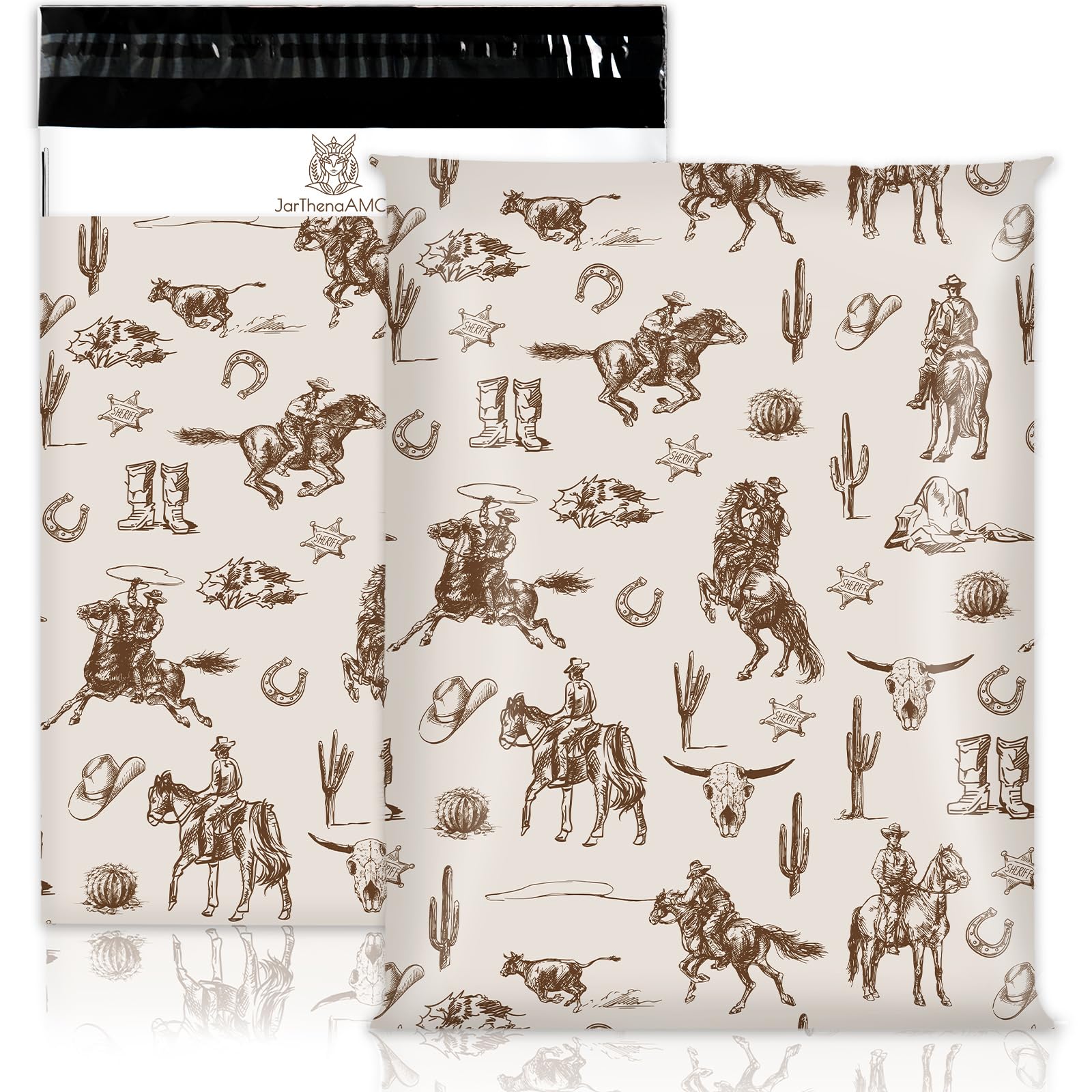 JarThenaAMCS Versandtaschen mit Western-Cowboy-Motiv, 25,4 x 33 cm, Braun, Wilder Rodeo, Kaktus, Verpackungsbeutel, selbstklebende Versandtaschen für kleine Geschäftskleidung, 100 Stück