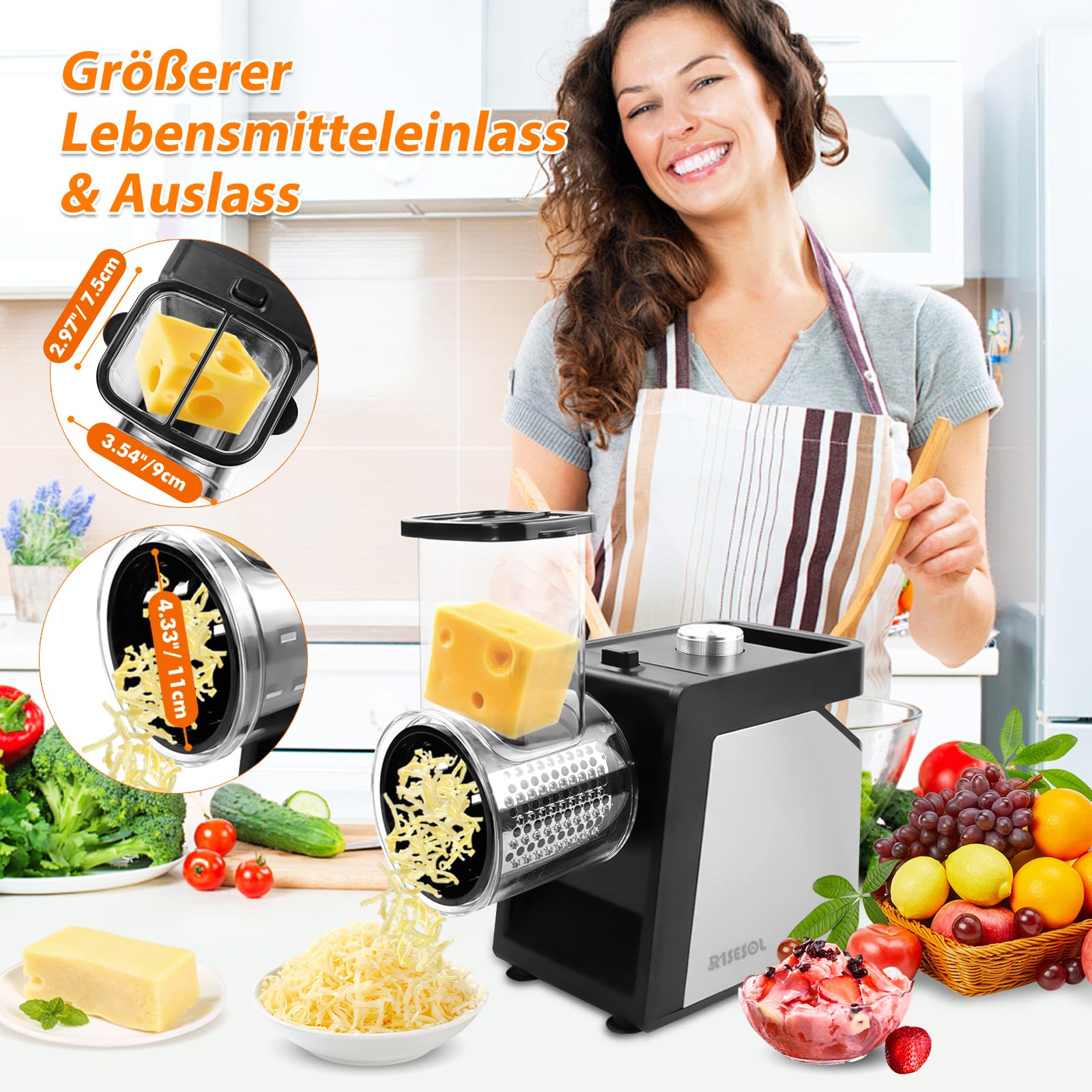 7 in 1 Gemüseschneider Elektrisch Ice Crusher Gemüsehobel Edelstahl Eisrasierer mit 7 Klingen 250W Küche Käsereibe Multifunktional 220V EU-Stecker