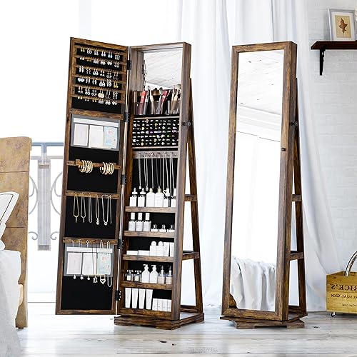 Miniatura 8 de Lvifur Armario giratorio de 360, espejo de longitud completa de 66 pulgadas con almacenamiento de joyas, armario organizador de joyas de pie con
