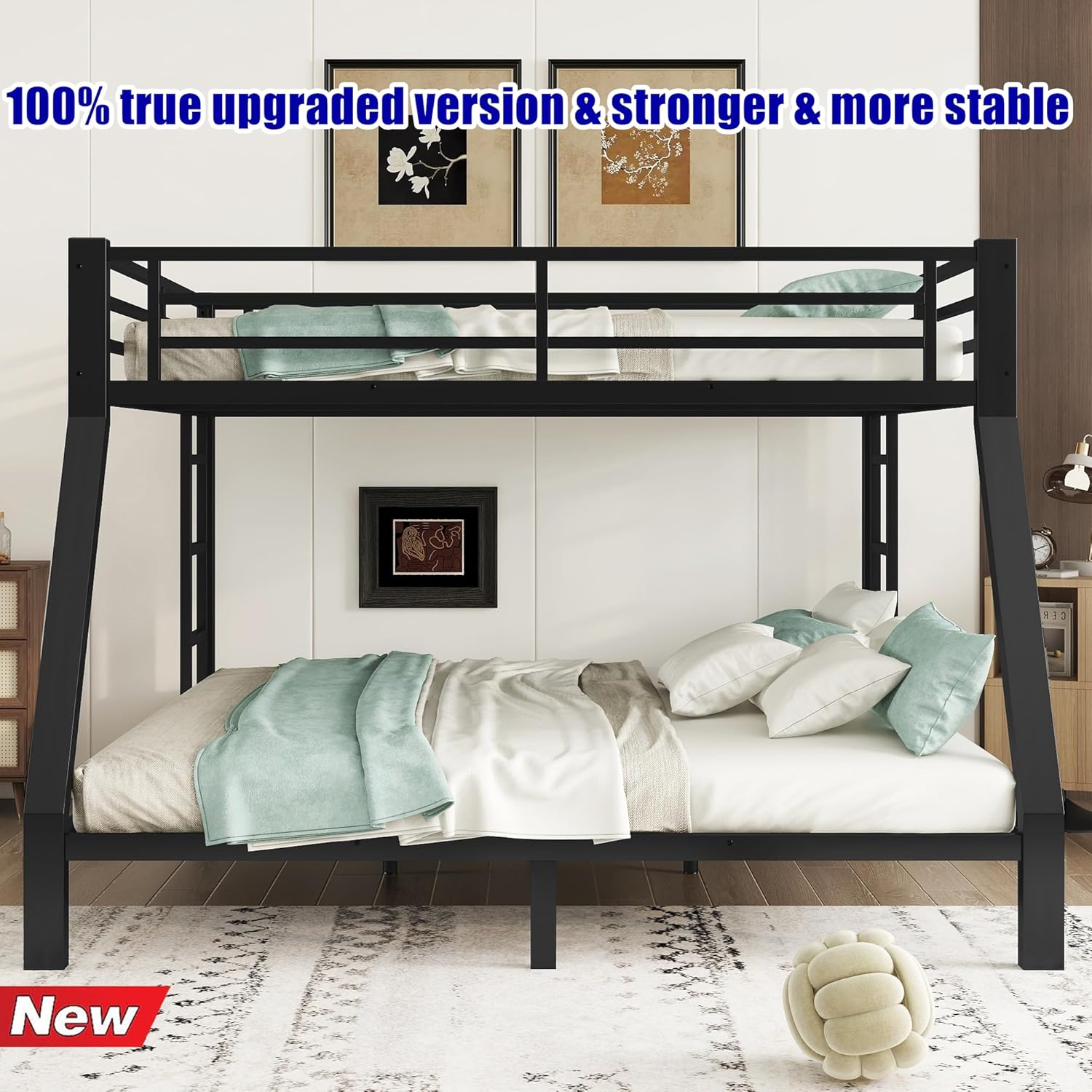 QLUSAN Upgraded & Stronger Heavy Duty Metal Bunk Bed Queen Over King Size, Safer Thickened More Stable Bunkbed Bunk Bed Frame (Easier to Assemble) (Queen Over King)