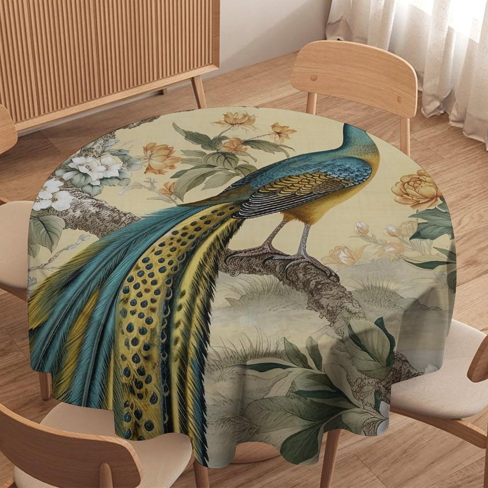 Guangpat Chinoiserie Peacock Bird Floral Round Tablecloth Yellow Grey Asian Table Cloth 36x36in Table Cover Outdoor Washable Polyester Table Decor for Kitchen Dinning Table