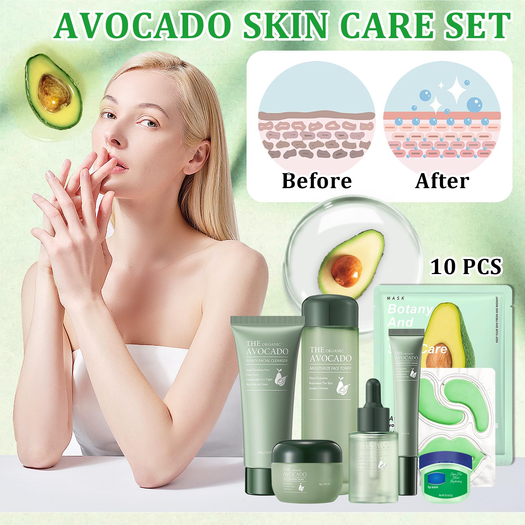 Juego de 10 piezas de cuidado de la piel de aguacate con limpiador facial, tónico, suero facial, crema facial, crema para ojos, bálsamo labial hidratante, parche debajo de los ojos y máscara labial, 2