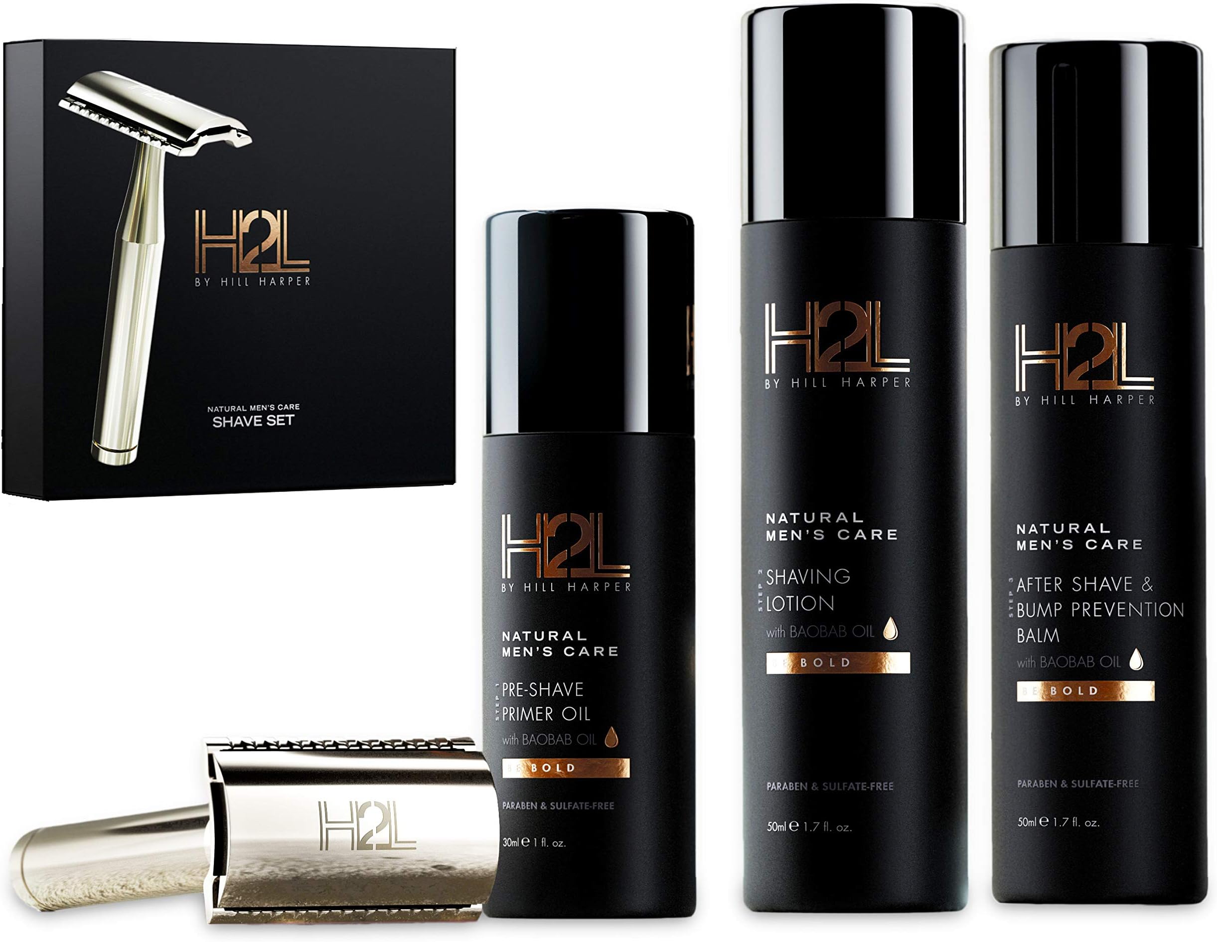 H2L Complete Wet Shaving Kit For Men | Includes High-End Razor & 5 Blades, Pre-Shave Primer Oil, Shaving Lotion, & After Shave Bump Prevention Balm (5 pieces in gift set) | By Hill Harper