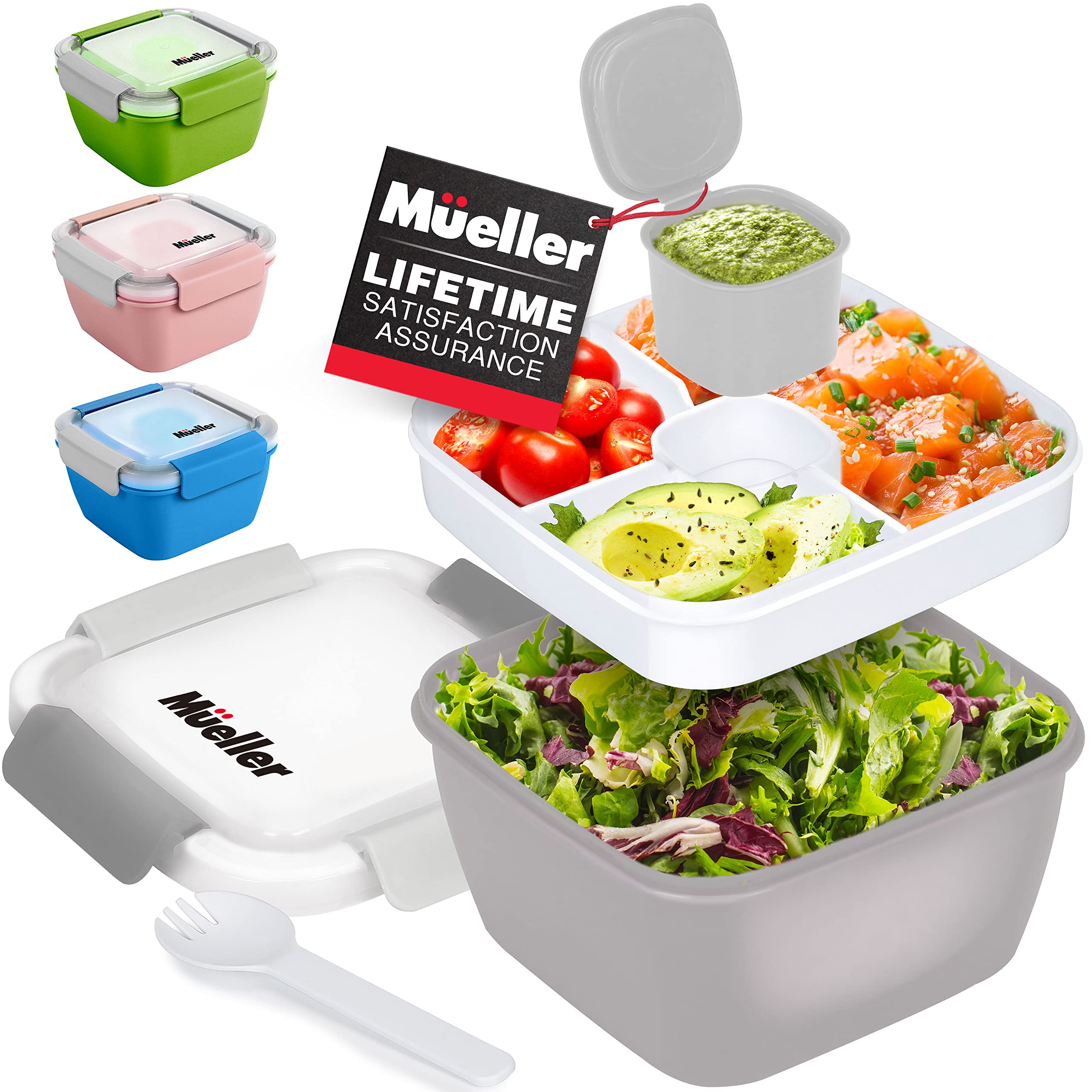 Mueller Salad Lunch Container To Go, Large 51-oz Salad Bowl, 3 Part Divided Tray, with Dressing Container and Reusable Spork Smart Locking Leakproof Salad Holder, (Grey)