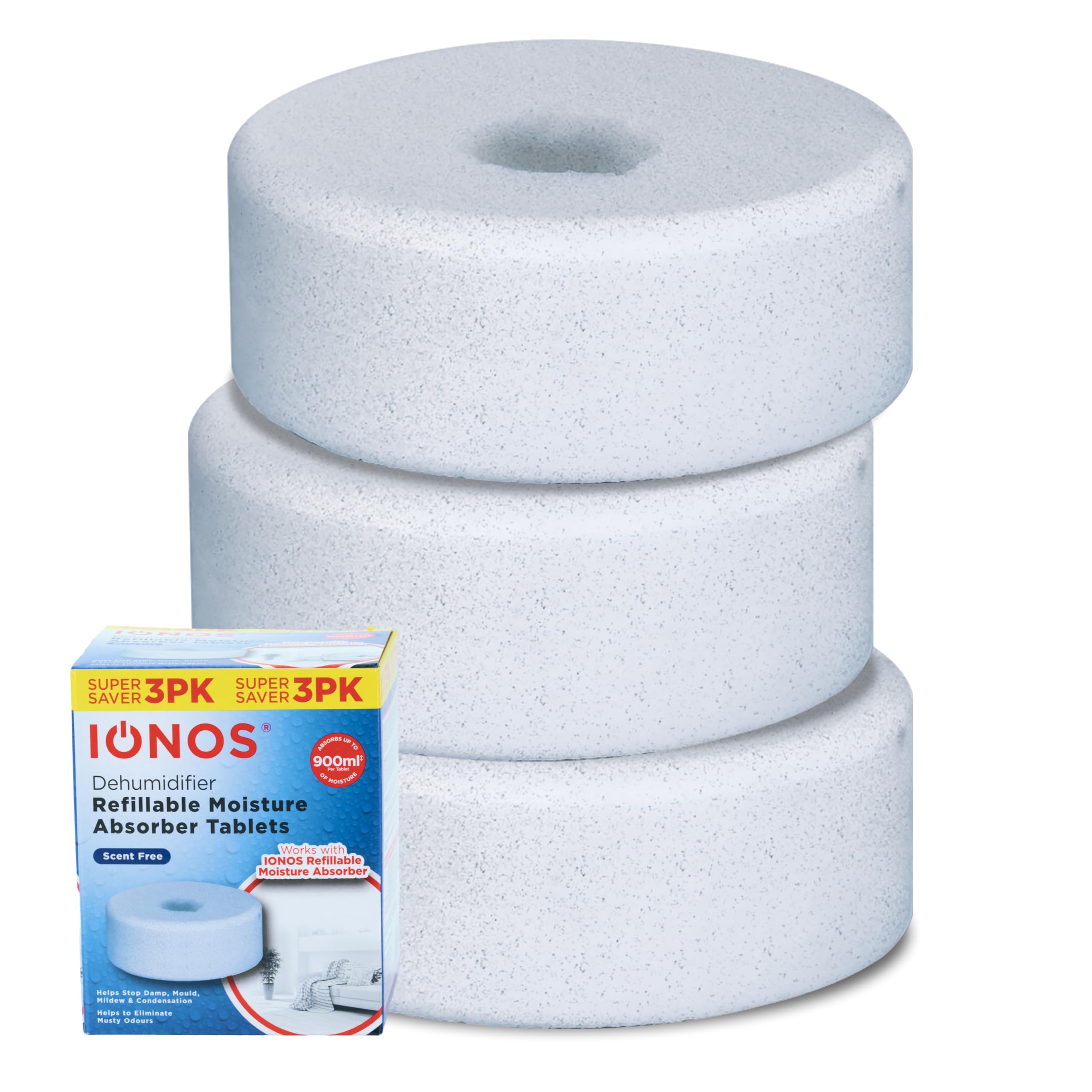 IONOS Dehumidifier Refill Tablets 450 g – Pack of 3, Absorbs up to 900 ml, For Use with IONRDEHUMSF1PB12, Unscented Moisture Absorbers (IONTABLETSF3PKB8)