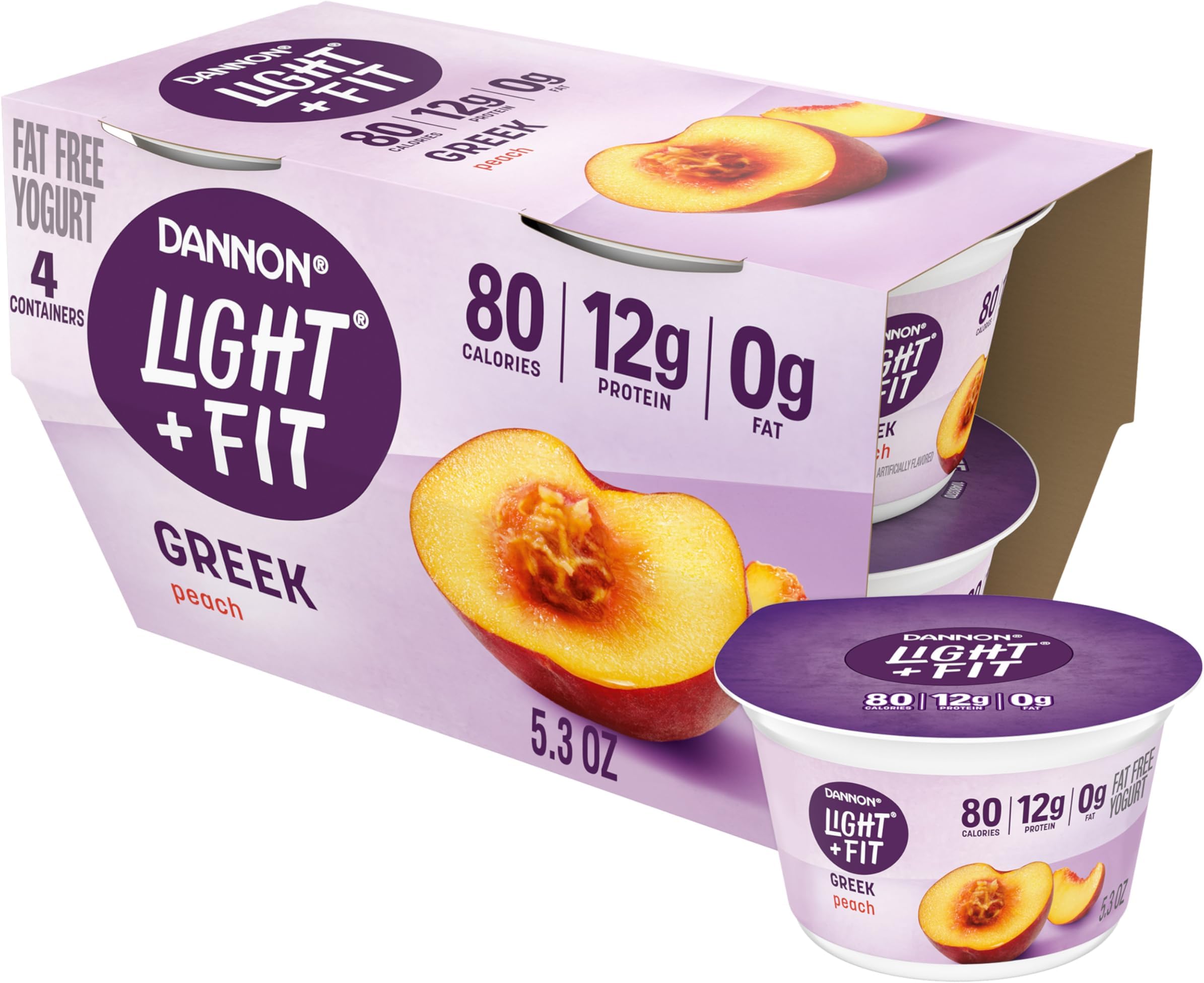 Dannon Light + Fit Peach Greek Fat Free Yogurt, Creamy and Delicious Gluten Free, 4 Ct, 5.3 OZ Cups