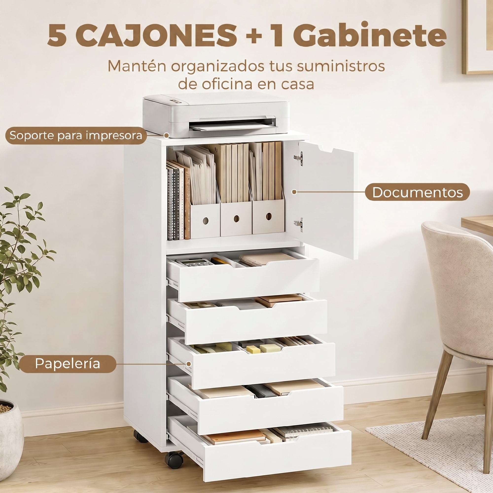 HOMCOM Cajonera Escritorio con 5 Cajones con Ruedas y Armario Blanco | Cajonera de Oficina, Cierre Suave, Soporte para Impresora, Mueble Archivador, para Oficina en Casa