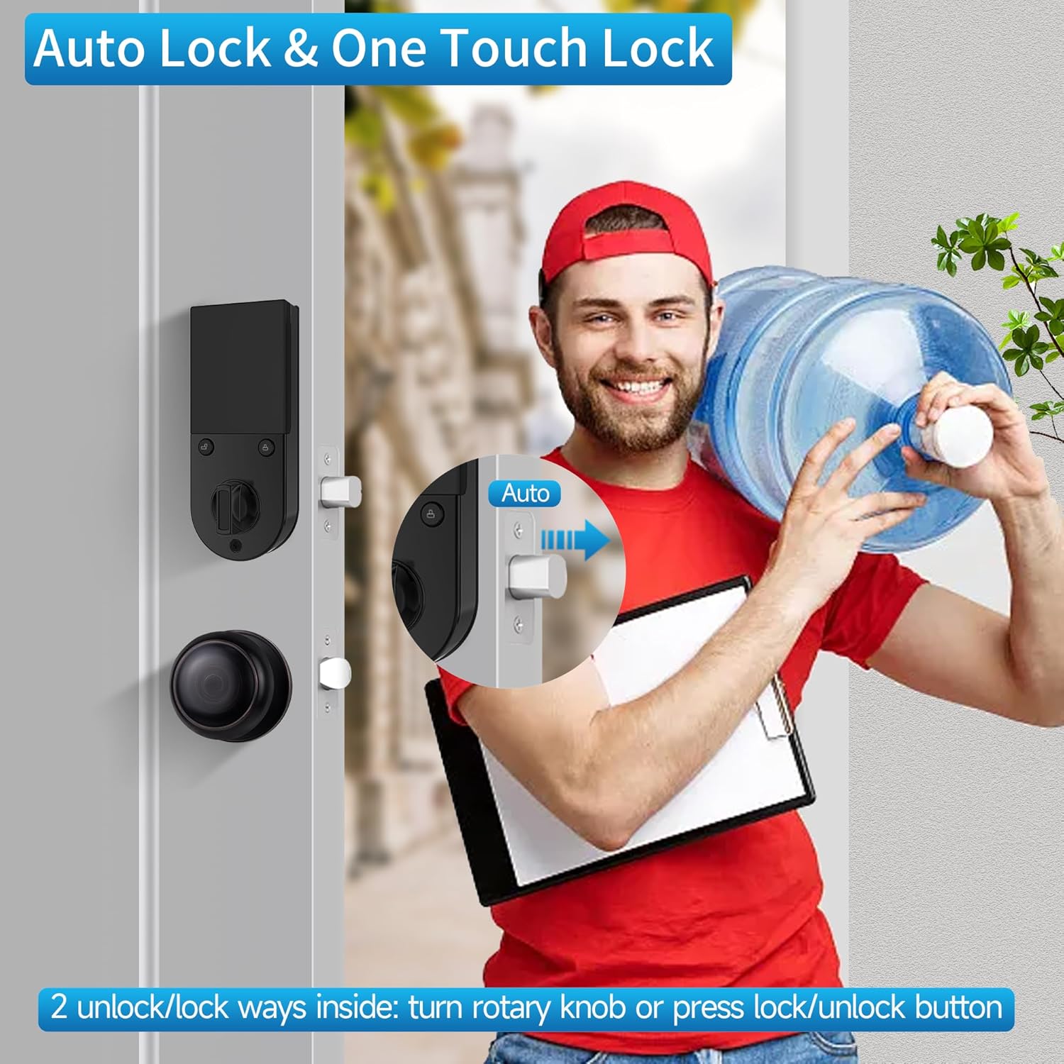 Image showing a person carrying a water bottle, with the HARFO Fingerprint Door Lock on a door, highlighting 'Auto Lock & One Touch Lock' and explaining two ways to lock/unlock from inside.