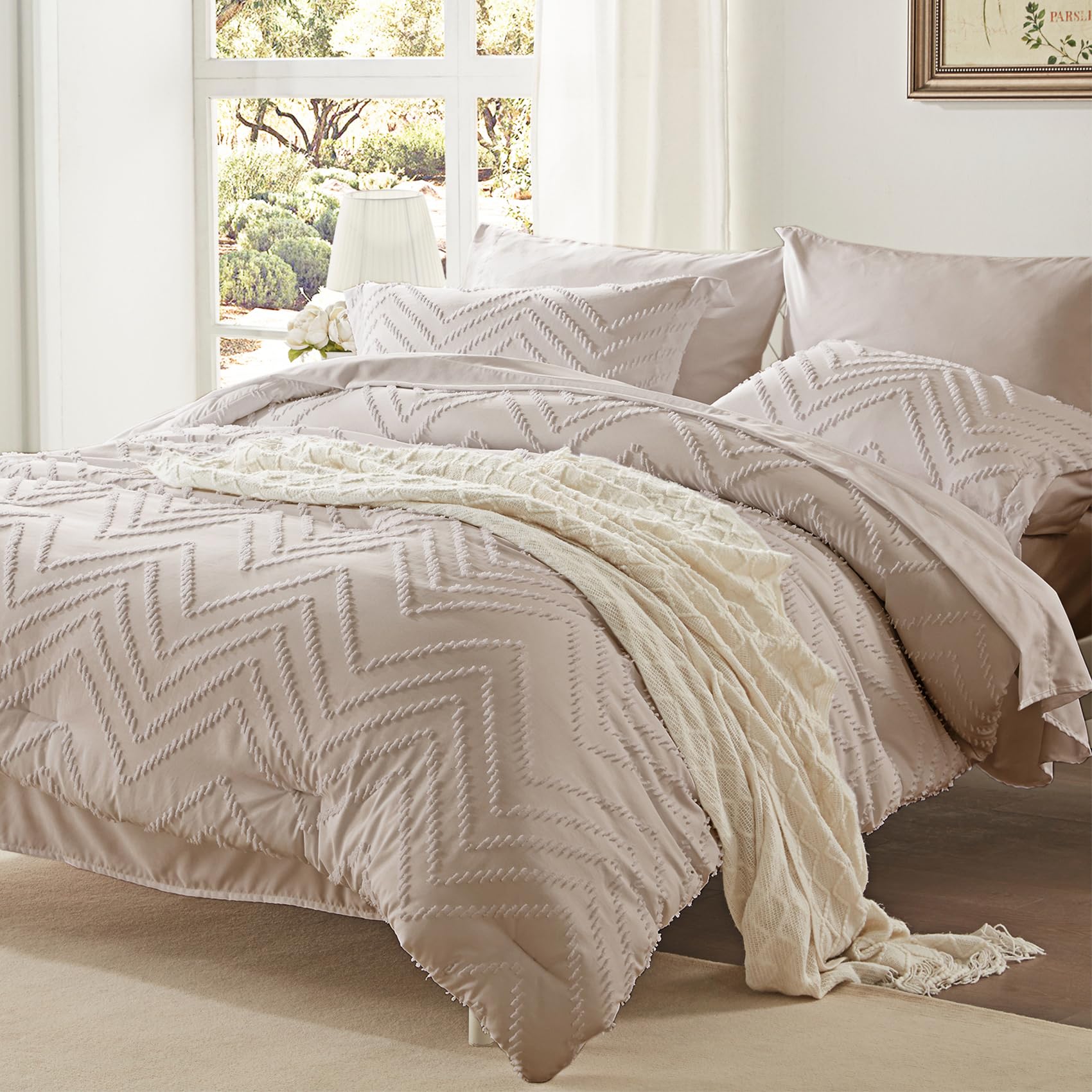 Anluoer King Bed in a Bag 7 Pieces, Khaki Tufted Comforter Set with comforters and Sheets, All Season Bedding Sets with 1 Comforter, 2 PillowShams, 2 Pillowcases, 1 Flat Sheet, 1 Fitted Sheet