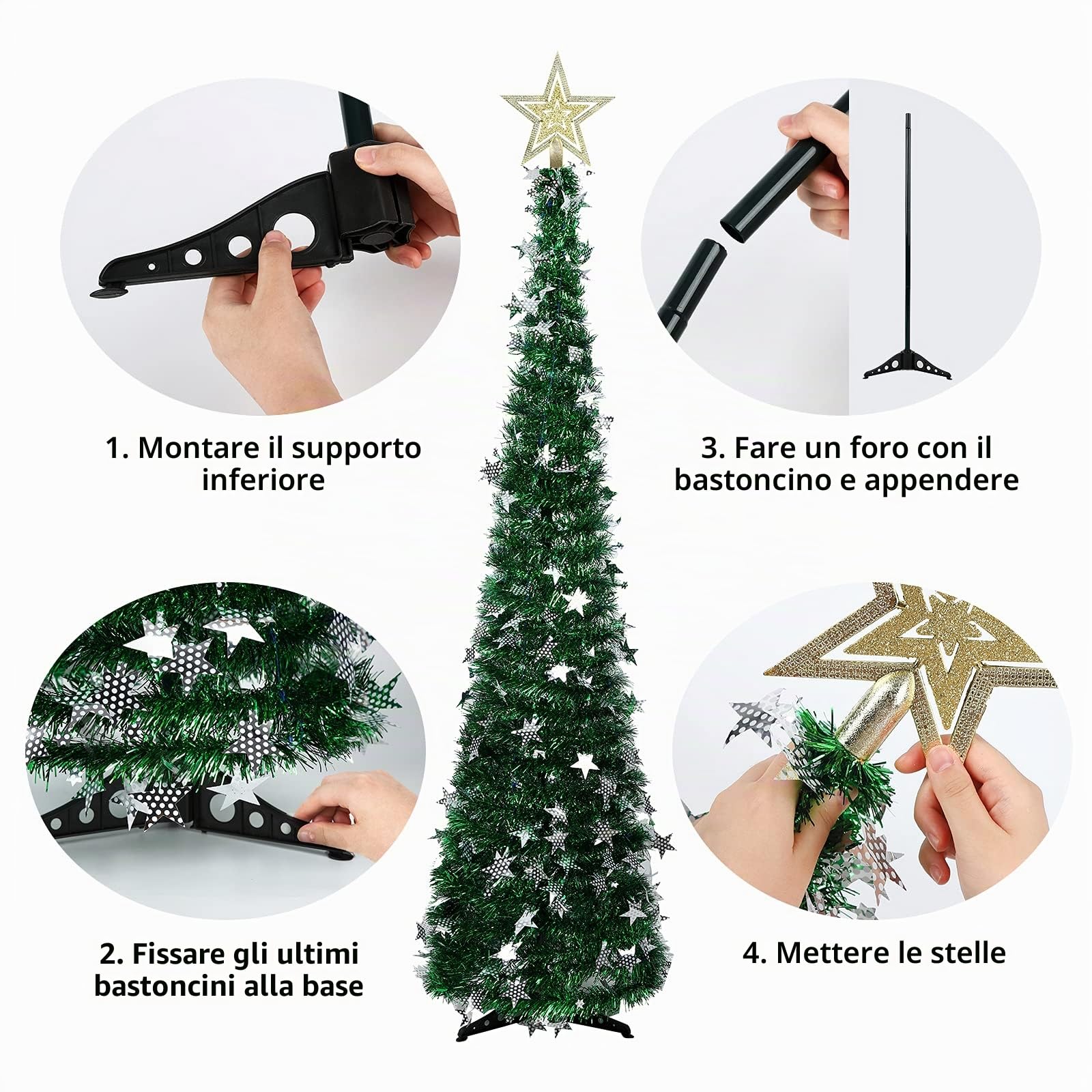 Albero di Natale artificiale pieghevole da 1,52 m, albero di Natale sottile pop-up a matita con stella sulla cima e supporto robusto, albero di Natale decorato per le feste per casa, camino, ufficio