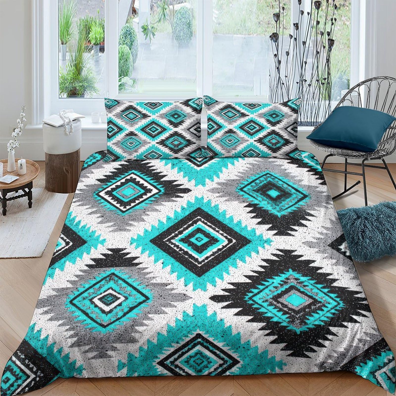 Ctjqhvkz Style-5 3D Printed Aztec Geometric Pattern Fitted Sheet Microfiber Teal Grey Tribal Bed Cover For Bedroom Dorm Mattress Protector Single（135X200cm）