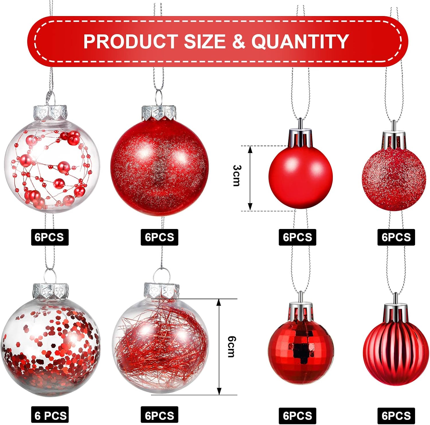 BBTO Christmas Balls Ornaments set Star Balls tree Baubles Set Plastic Tree Topper Star Clear Balls for Tree Birthday Holiday Indoor Outdoor Decor (Red - Image 3