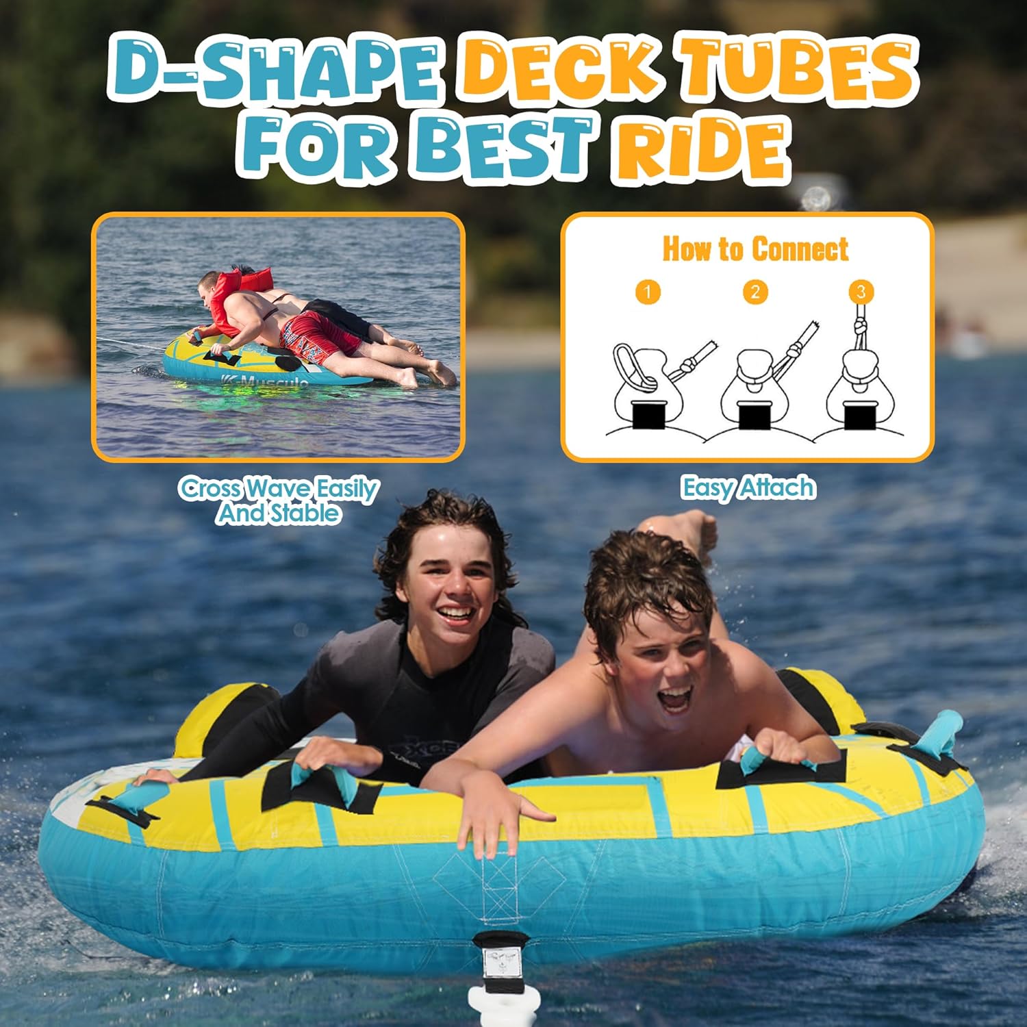 K-Musculo Towable Tubes for Boating 2 Person, 840D Heavy Duty Boat Tubes and Towables, Inflatable Water Tubes for Boats to Pull with Fins, Drainage, Quick Connector(2025 Pro